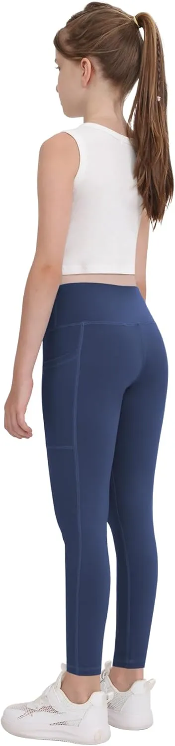CHRLEISURE Girls' Athletic Leggings with Pockets, 5 Packs Kids Teen Dance Yoga Workout Running Pants for 5-15 Years