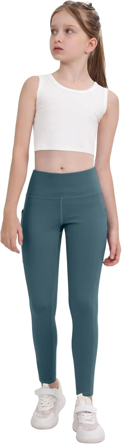 CHRLEISURE Girls' Athletic Leggings with Pockets, 5 Packs Kids Teen Dance Yoga Workout Running Pants for 5-15 Years