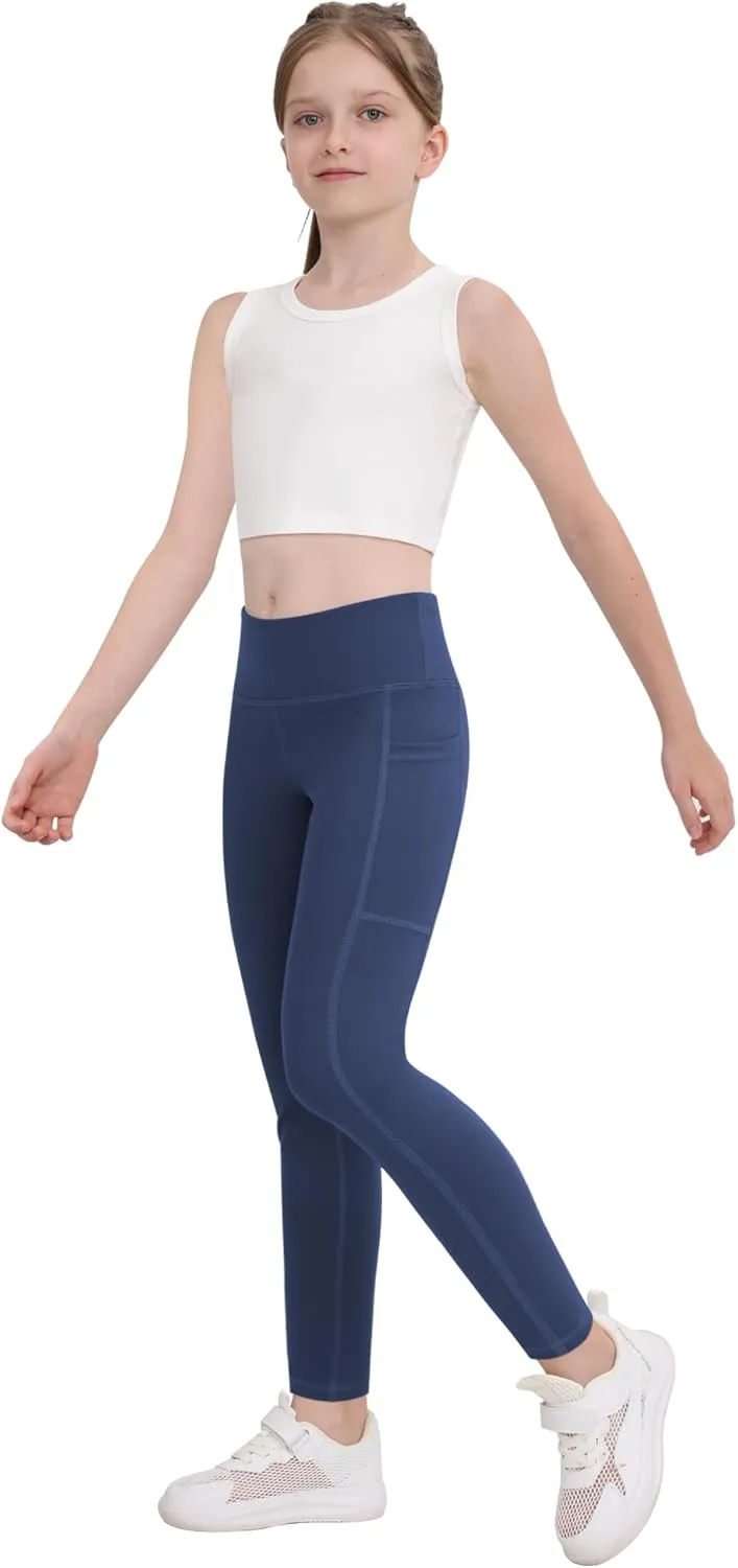 CHRLEISURE Girls' Athletic Leggings with Pockets, 5 Packs Kids Teen Dance Yoga Workout Running Pants for 5-15 Years