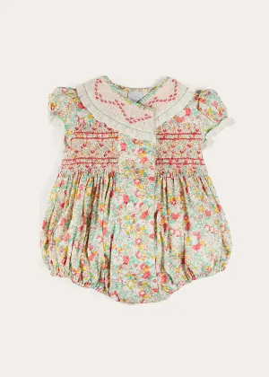 Clementine Floral Hand Smocked Double Breasted Short Sleeve Romper in Coral (6mths-3yrs)