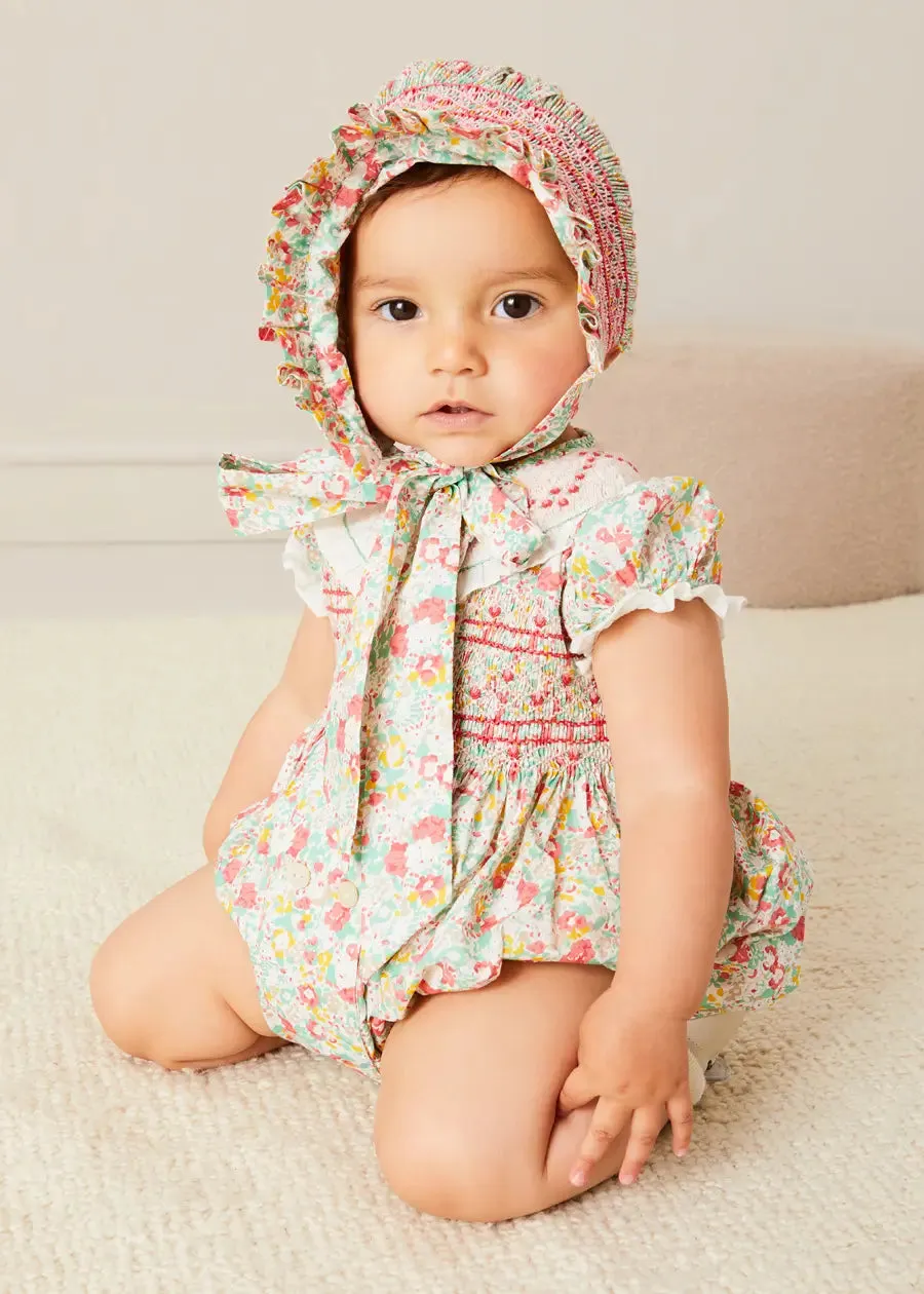 Clementine Floral Hand Smocked Double Breasted Short Sleeve Romper in Coral (6mths-3yrs)