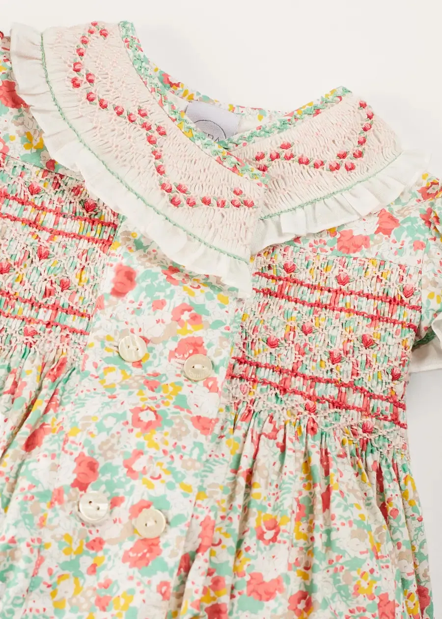 Clementine Floral Hand Smocked Double Breasted Short Sleeve Romper in Coral (6mths-3yrs)