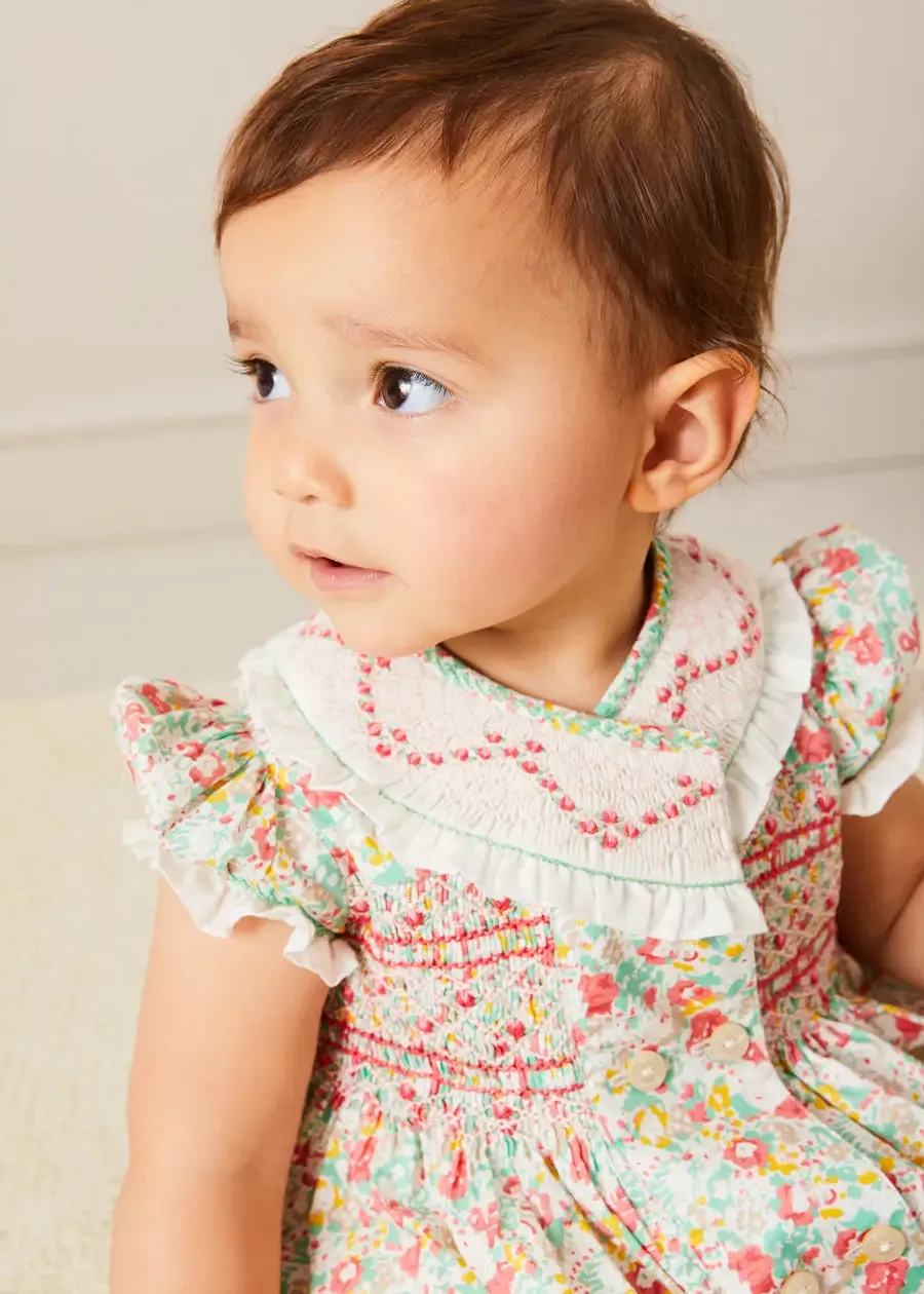 Clementine Floral Hand Smocked Double Breasted Short Sleeve Romper in Coral (6mths-3yrs)