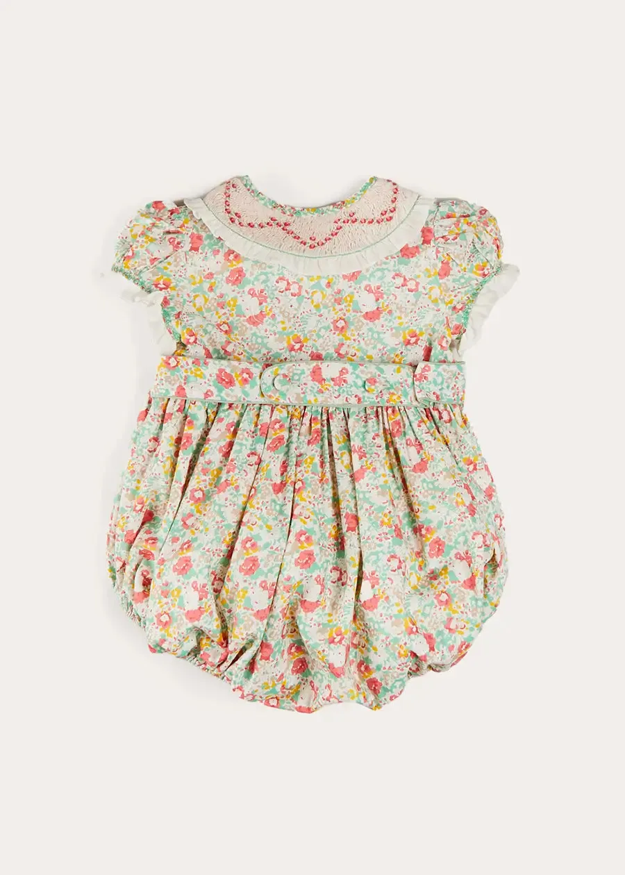 Clementine Floral Hand Smocked Double Breasted Short Sleeve Romper in Coral (6mths-3yrs)