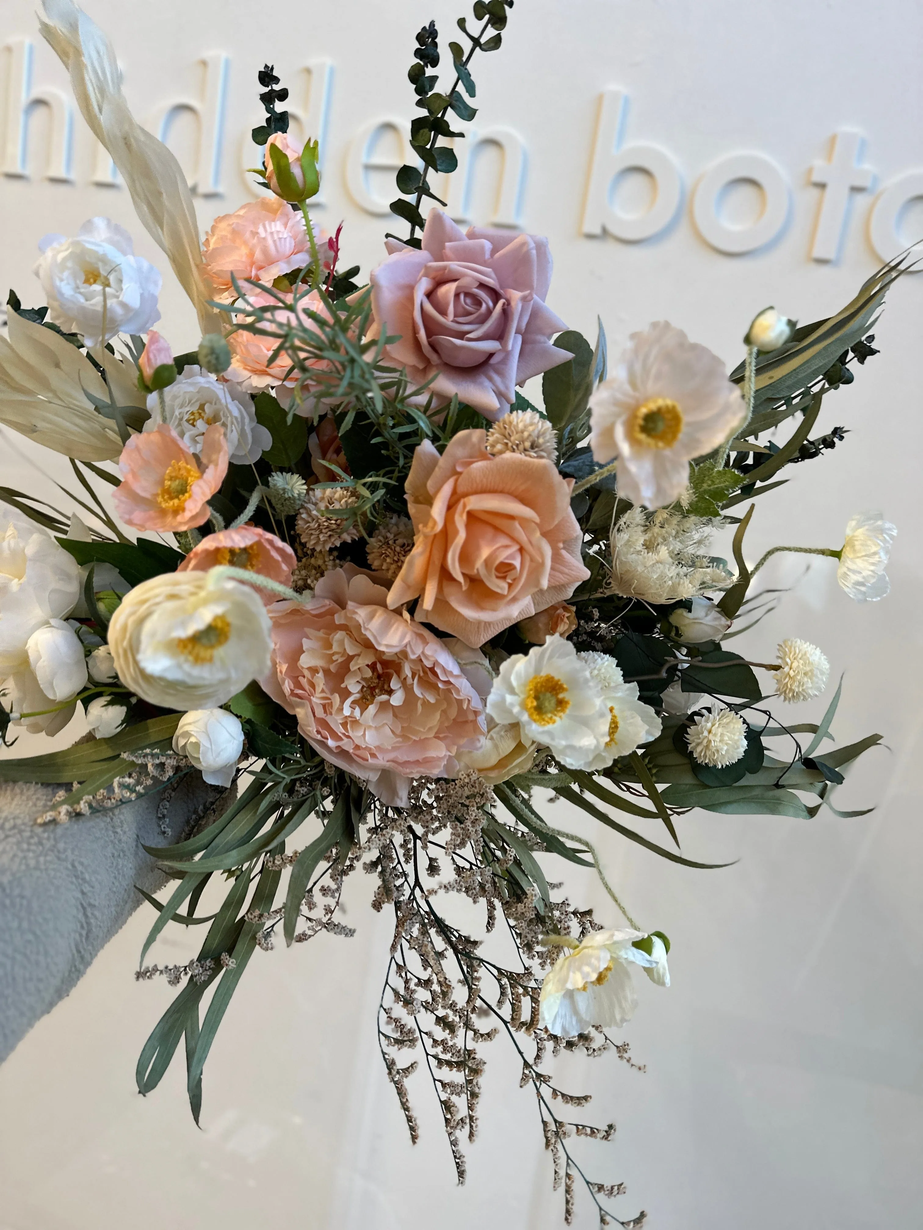 Colourful Dried & Artificial Flowers Bridal Bouquet - Salmon Peach & Green