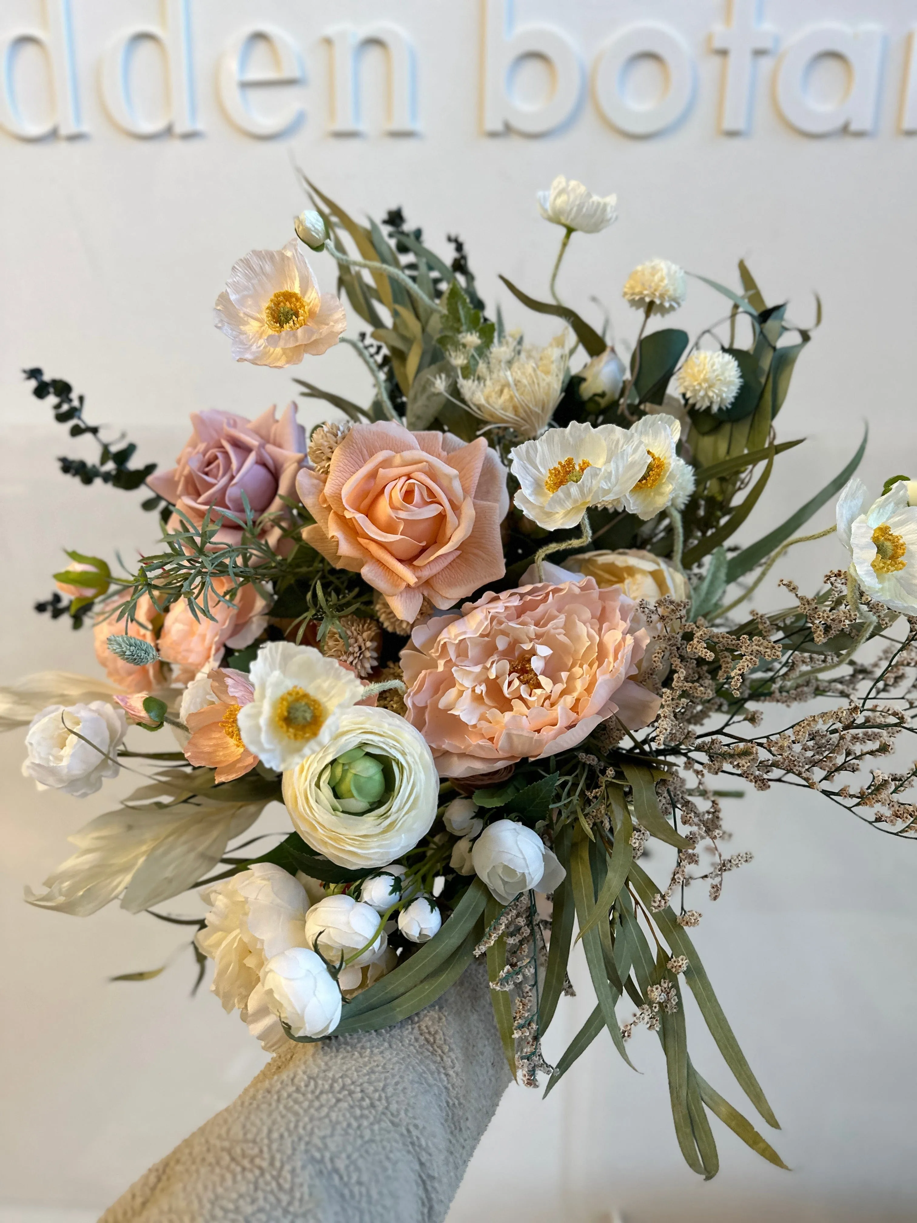Colourful Dried & Artificial Flowers Bridal Bouquet - Salmon Peach & Green