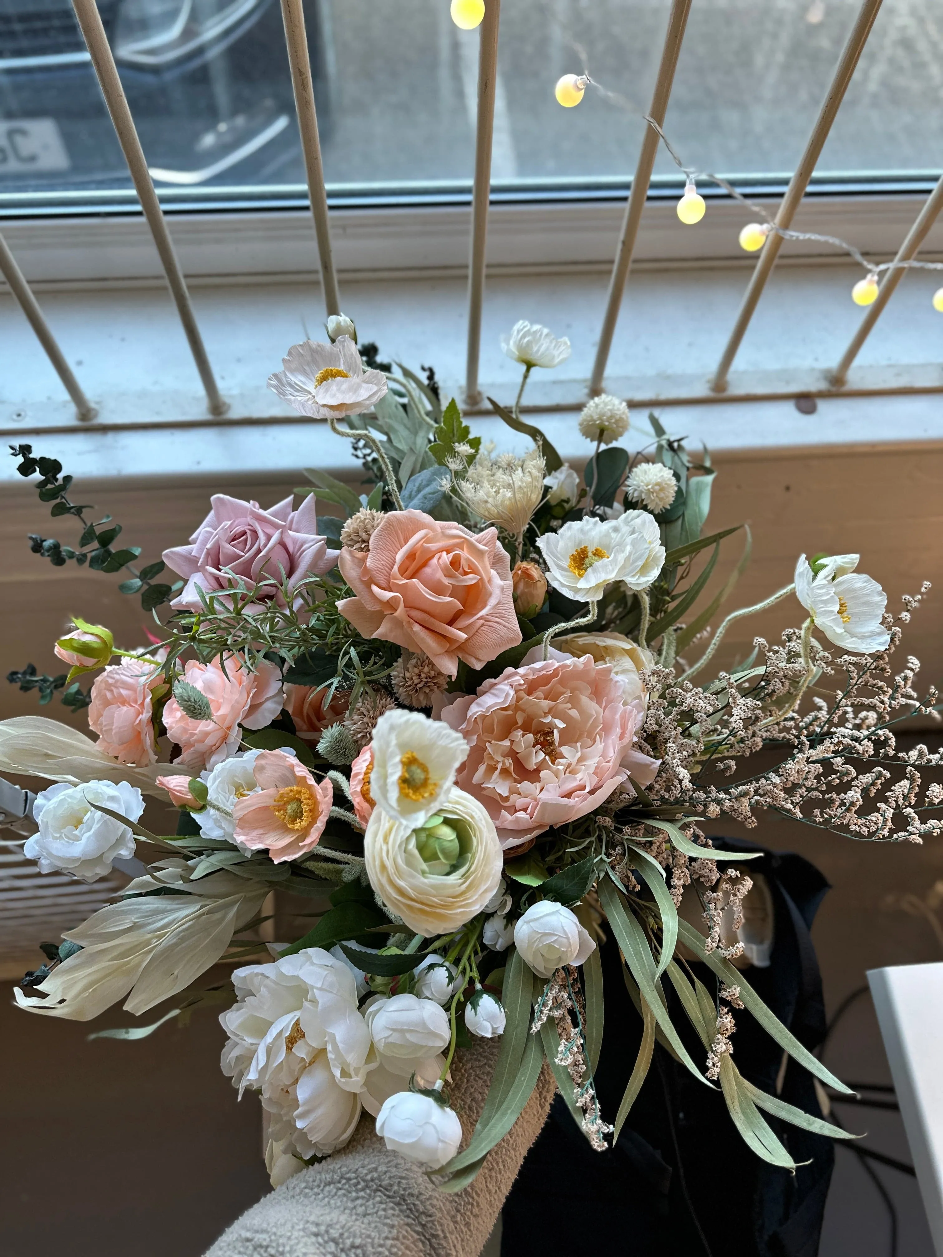 Colourful Dried & Artificial Flowers Bridal Bouquet - Salmon Peach & Green