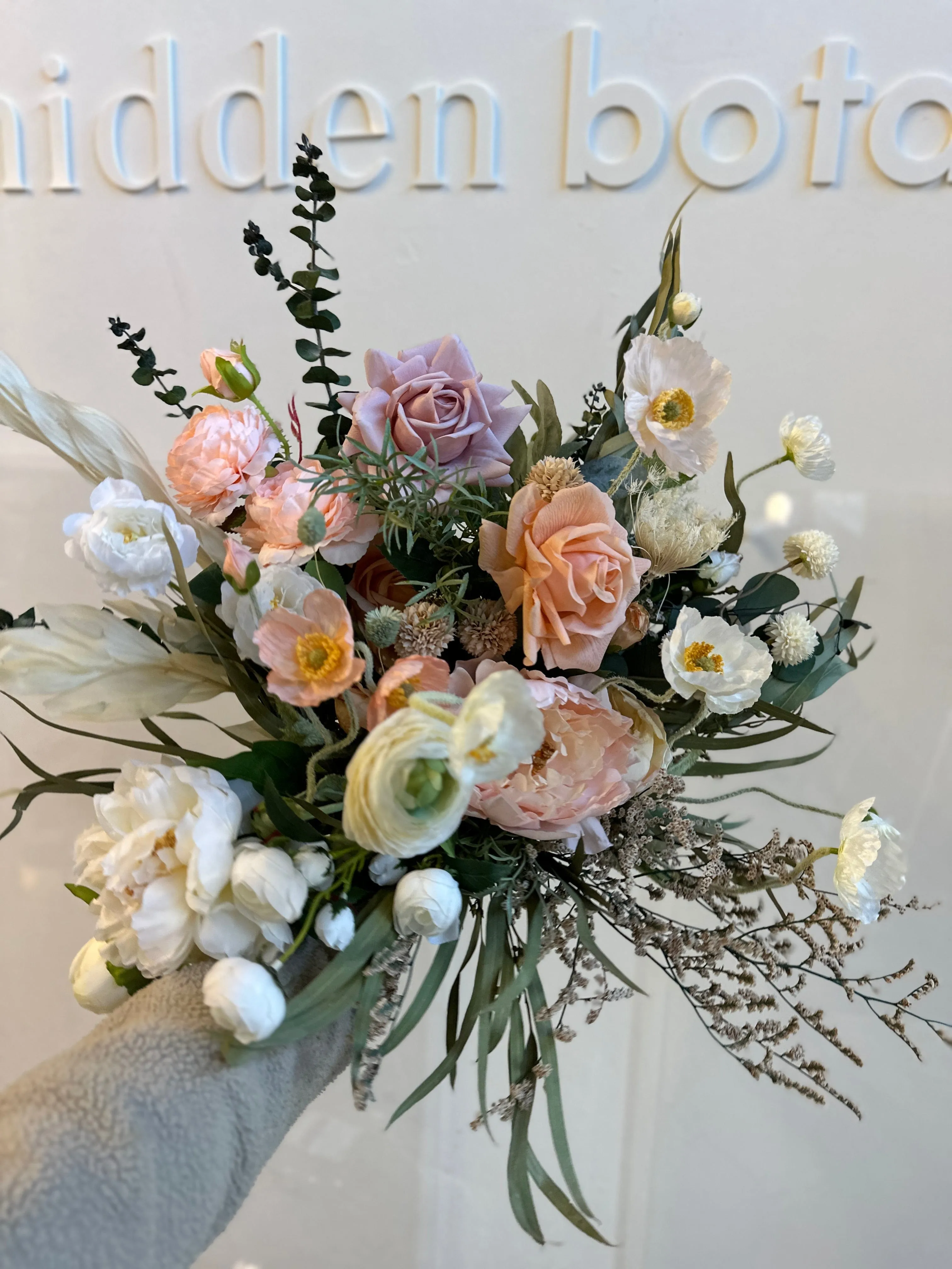 Colourful Dried & Artificial Flowers Bridal Bouquet - Salmon Peach & Green