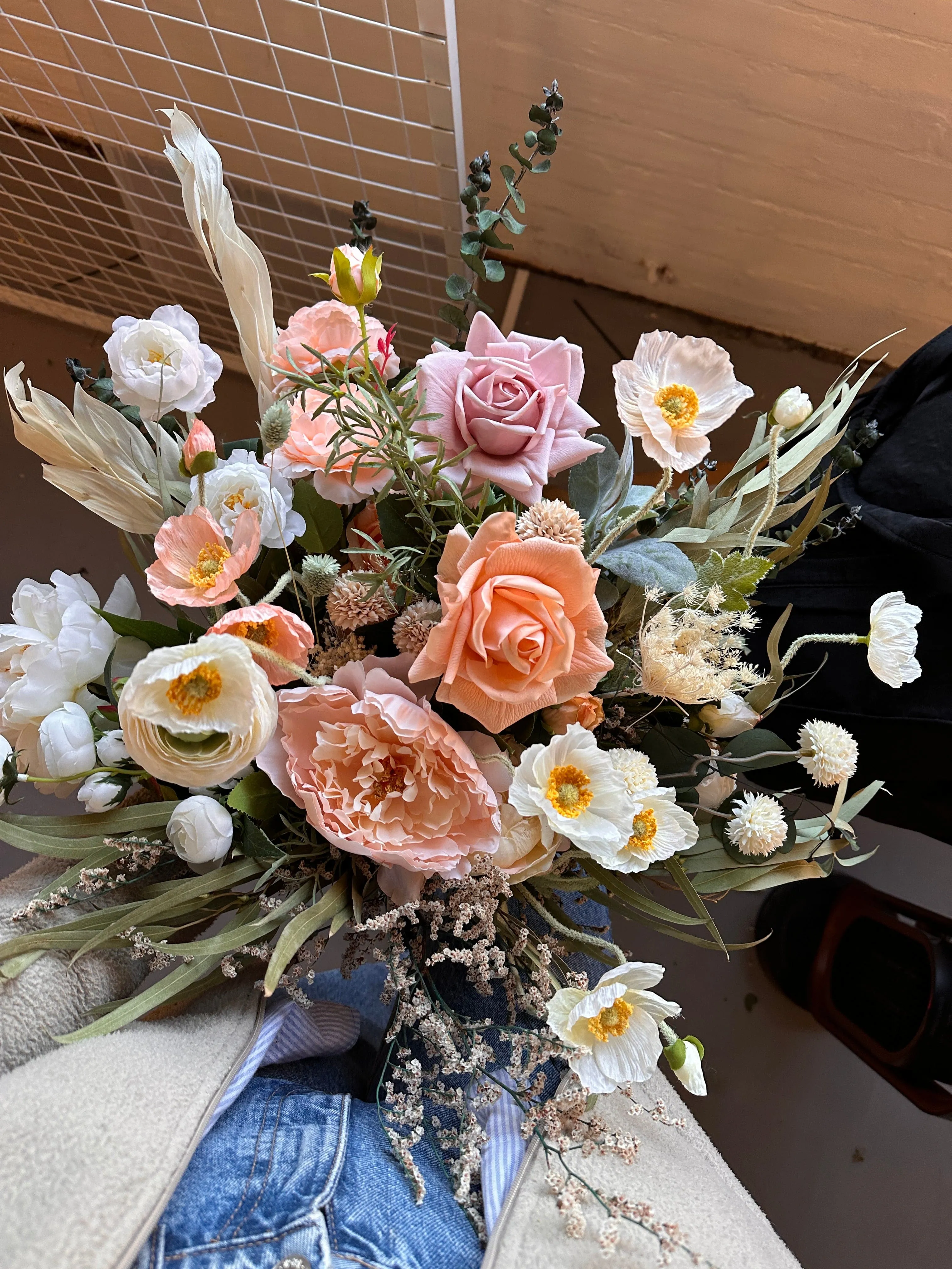 Colourful Dried & Artificial Flowers Bridal Bouquet - Salmon Peach & Green