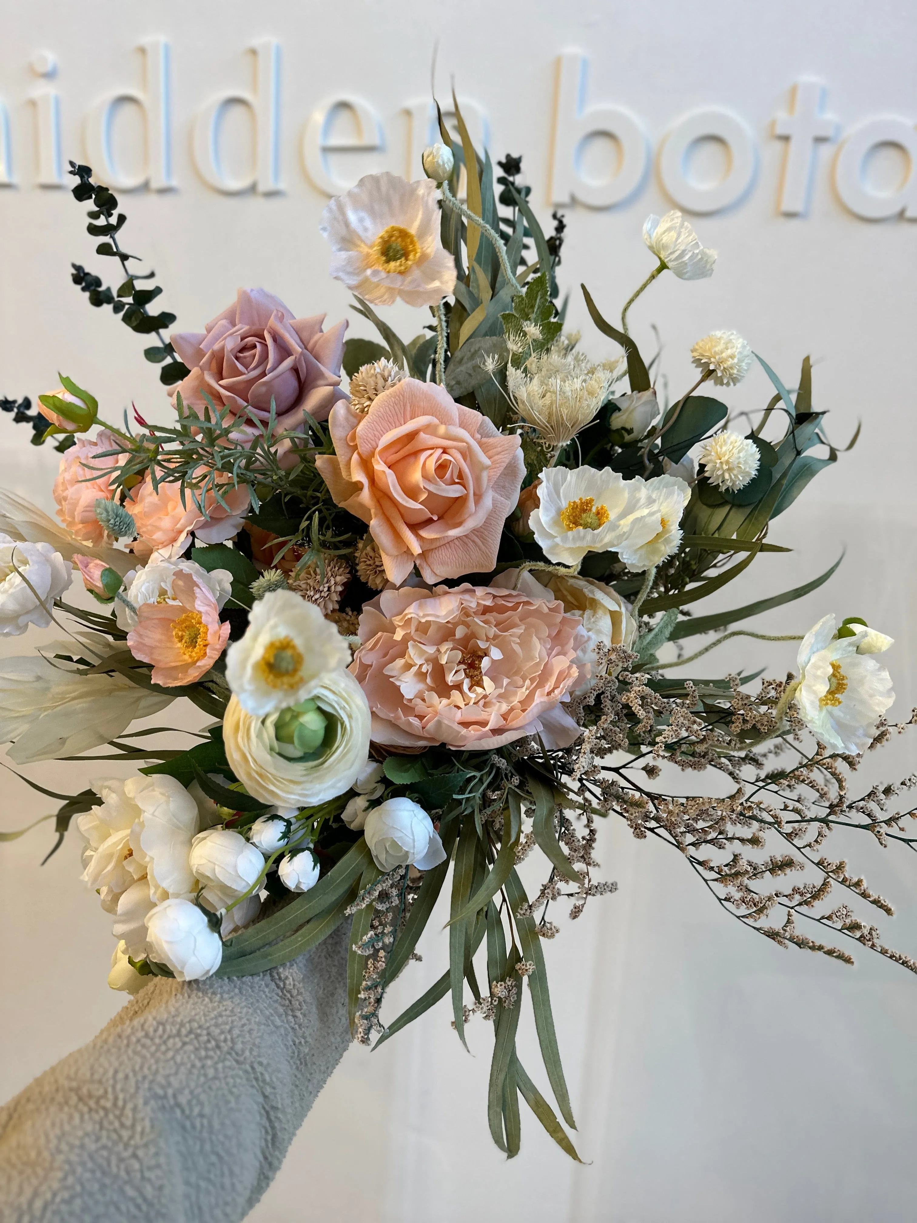 Colourful Dried & Artificial Flowers Bridal Bouquet - Salmon Peach & Green