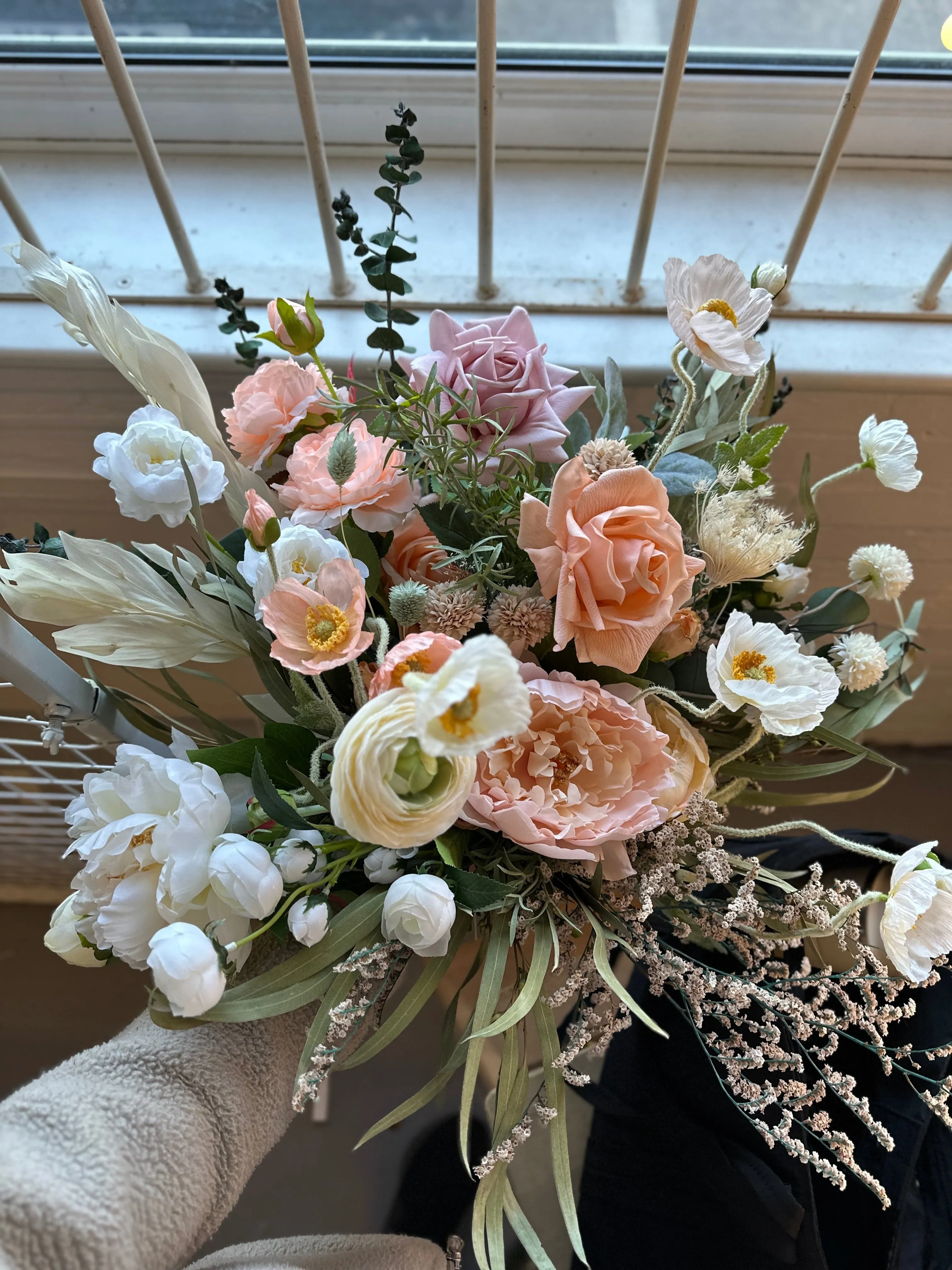Colourful Dried & Artificial Flowers Bridal Bouquet - Salmon Peach & Green
