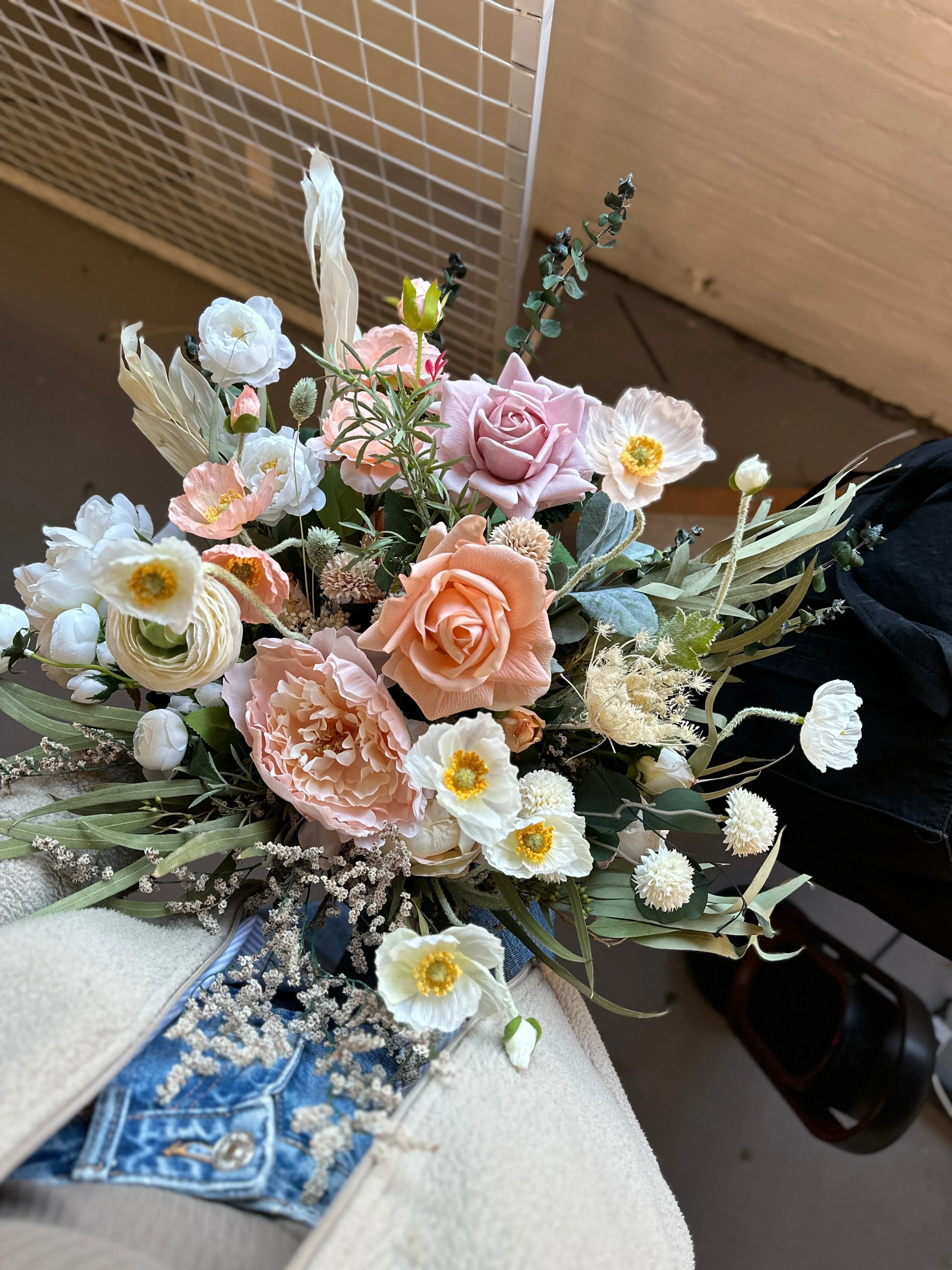 Colourful Dried & Artificial Flowers Bridal Bouquet - Salmon Peach & Green