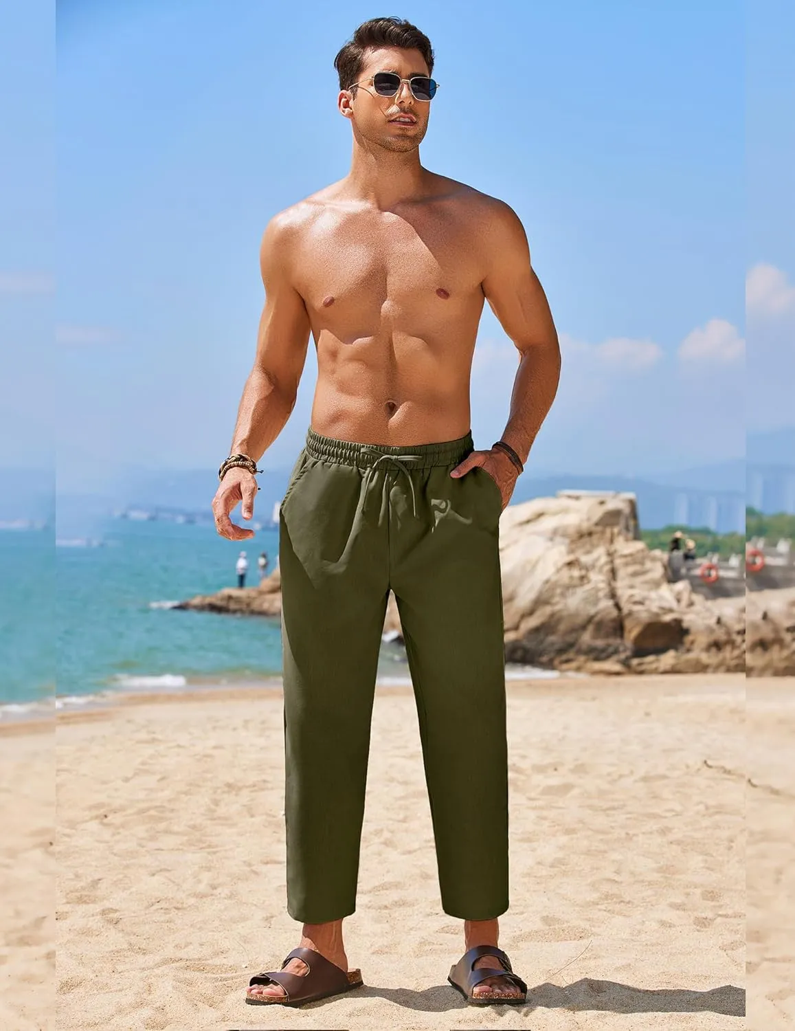 COOFANDY Mens Linen Casual Pants Elastic Waist Drawstring Trousers Yoga Beach Summer Pants