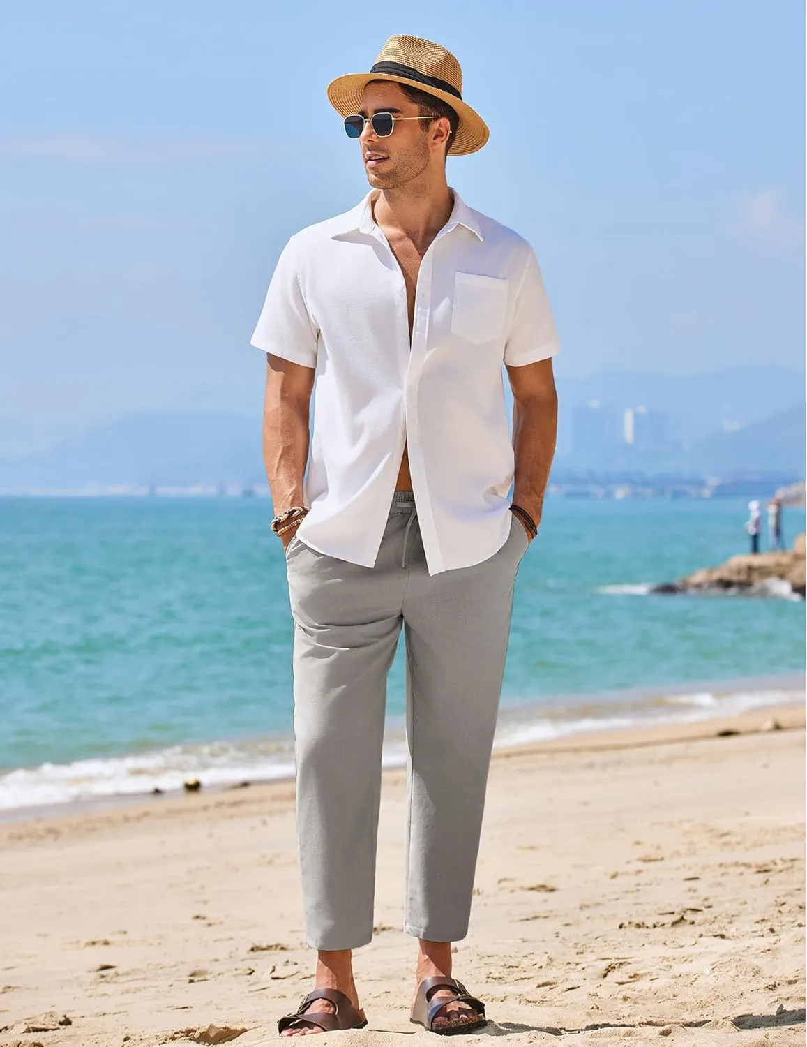COOFANDY Mens Linen Casual Pants Elastic Waist Drawstring Trousers Yoga Beach Summer Pants