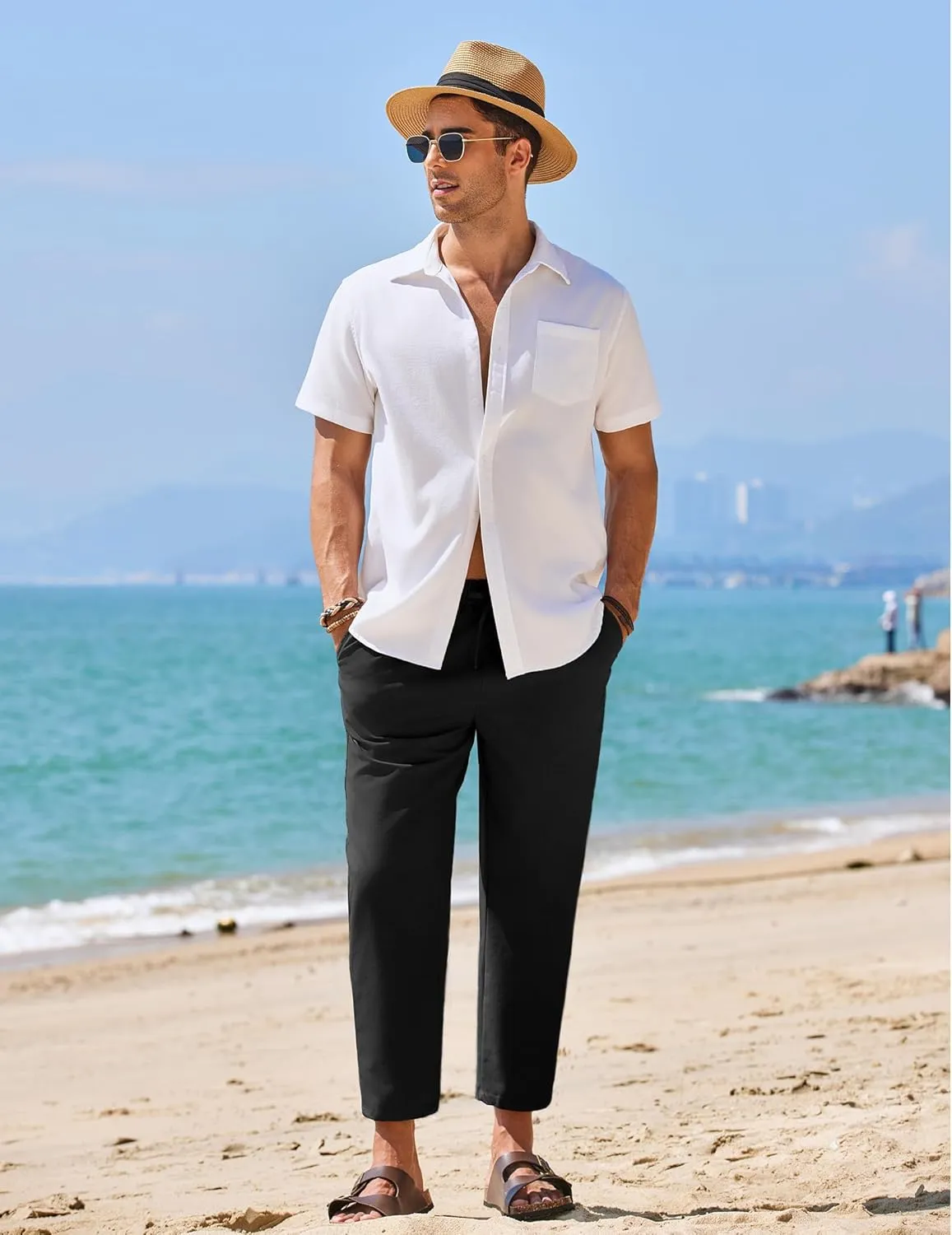 COOFANDY Mens Linen Casual Pants Elastic Waist Drawstring Trousers Yoga Beach Summer Pants