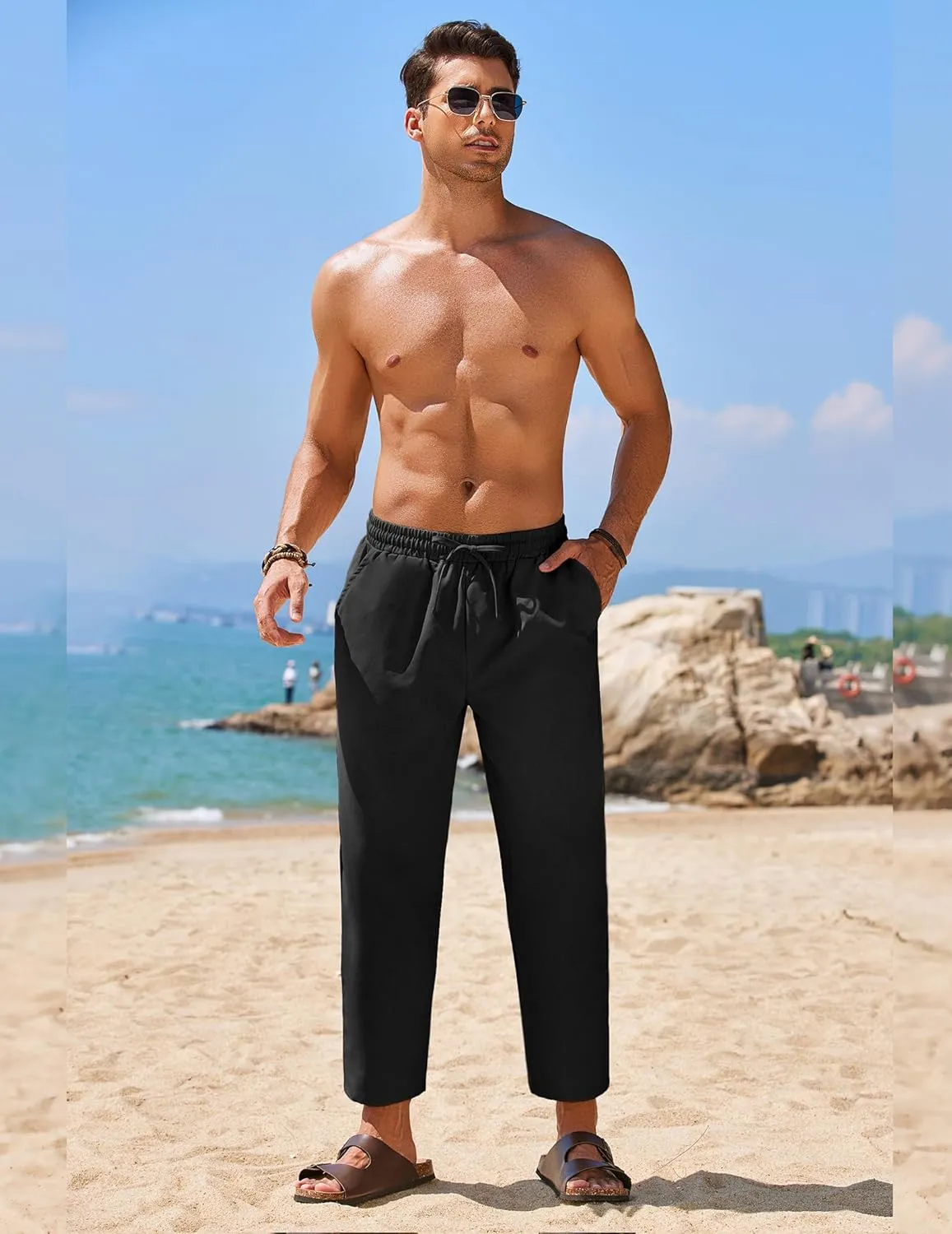 COOFANDY Mens Linen Casual Pants Elastic Waist Drawstring Trousers Yoga Beach Summer Pants