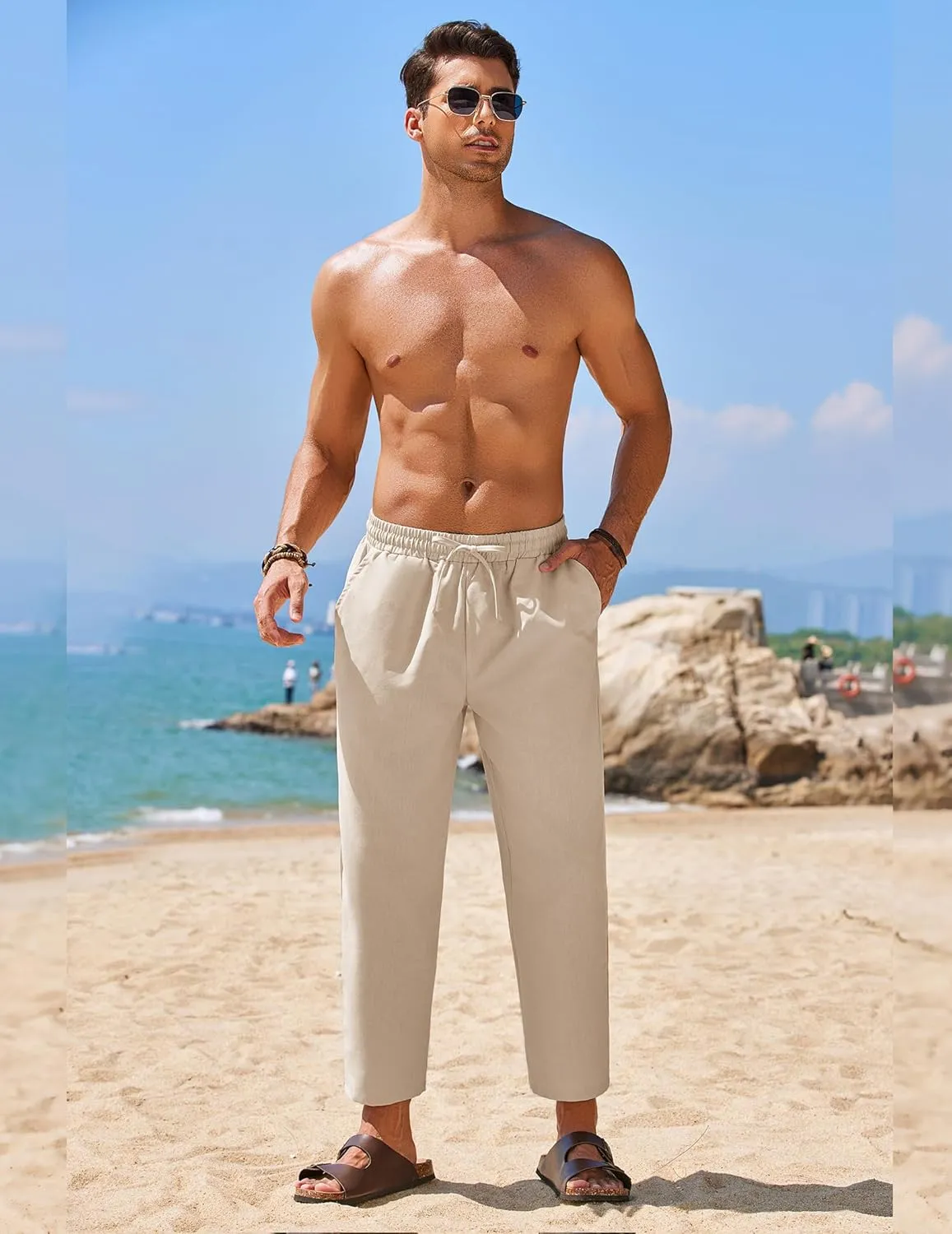 COOFANDY Mens Linen Casual Pants Elastic Waist Drawstring Trousers Yoga Beach Summer Pants