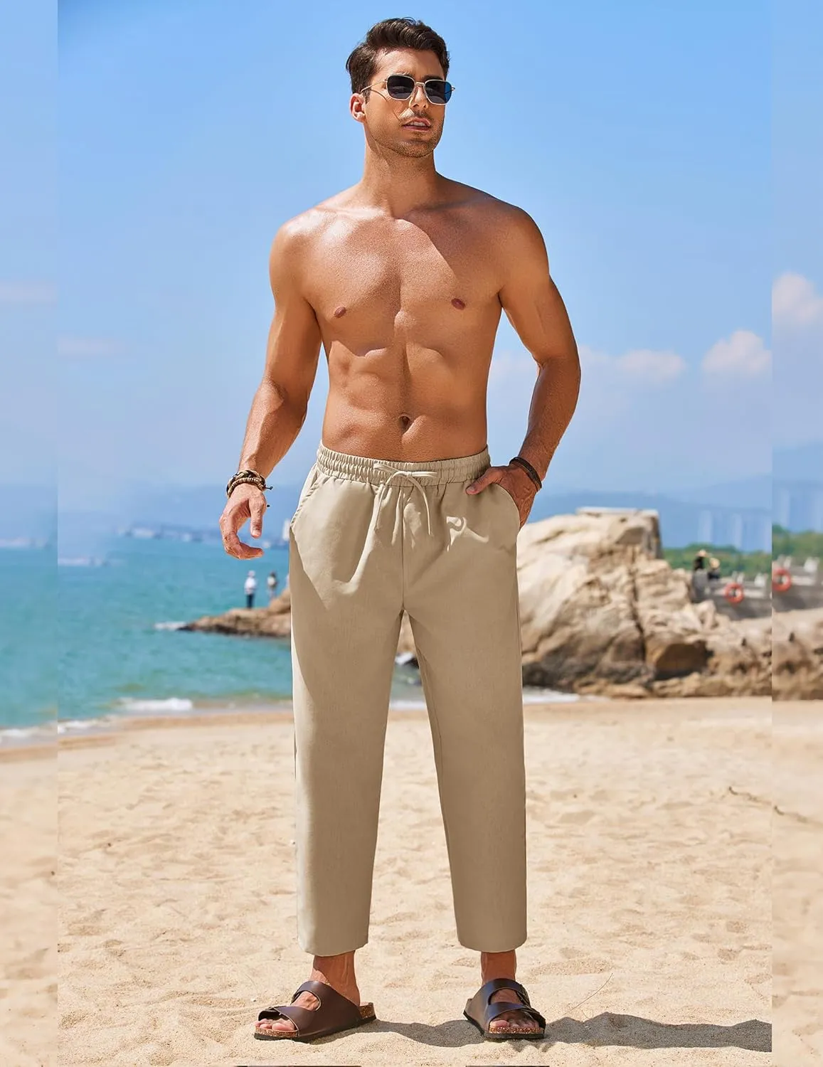 COOFANDY Mens Linen Casual Pants Elastic Waist Drawstring Trousers Yoga Beach Summer Pants