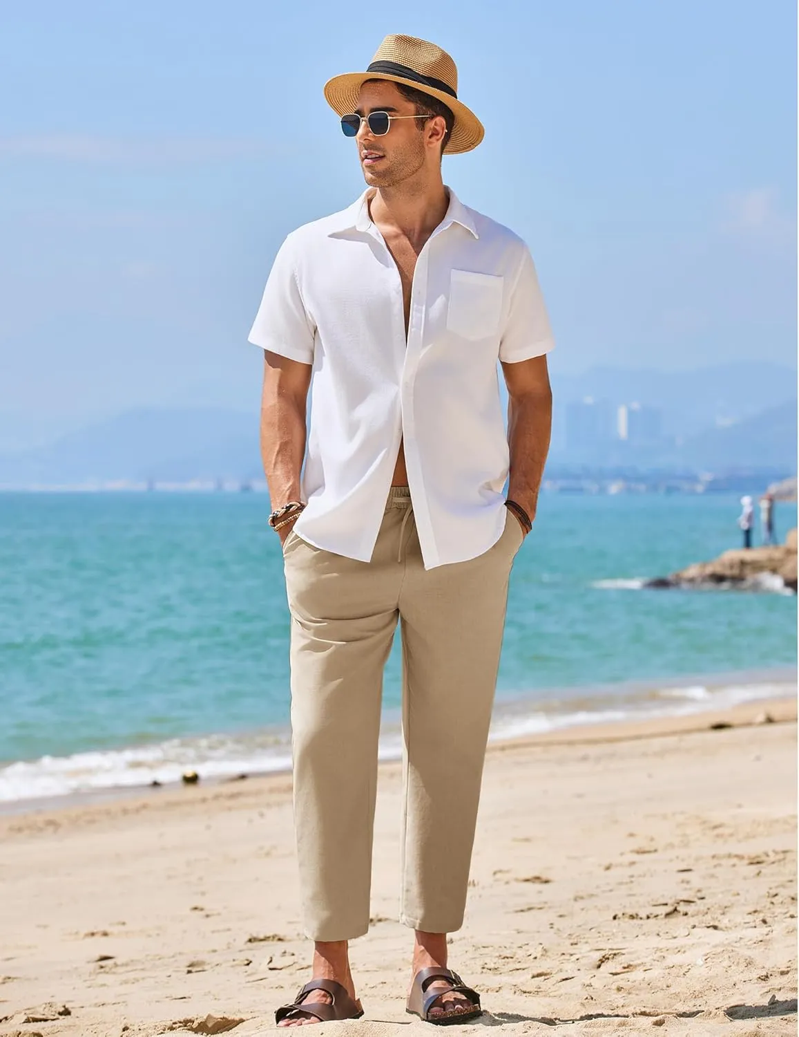 COOFANDY Mens Linen Casual Pants Elastic Waist Drawstring Trousers Yoga Beach Summer Pants