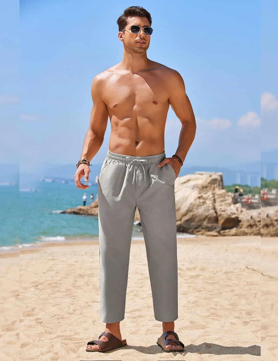 COOFANDY Mens Linen Casual Pants Elastic Waist Drawstring Trousers Yoga Beach Summer Pants