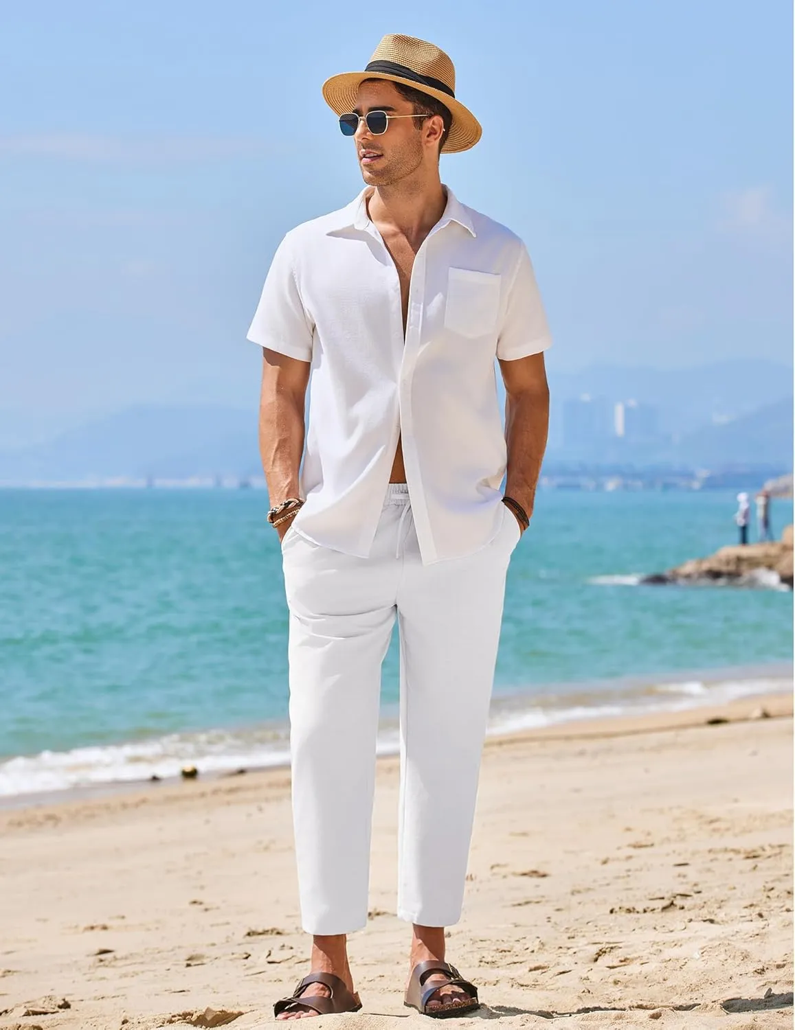 COOFANDY Mens Linen Casual Pants Elastic Waist Drawstring Trousers Yoga Beach Summer Pants