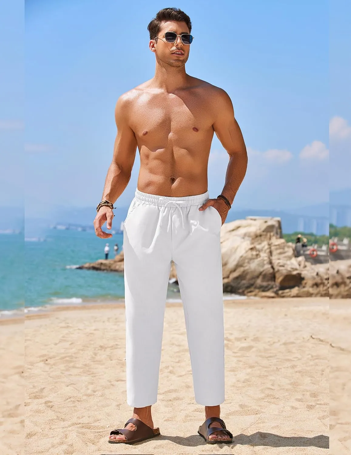 COOFANDY Mens Linen Casual Pants Elastic Waist Drawstring Trousers Yoga Beach Summer Pants