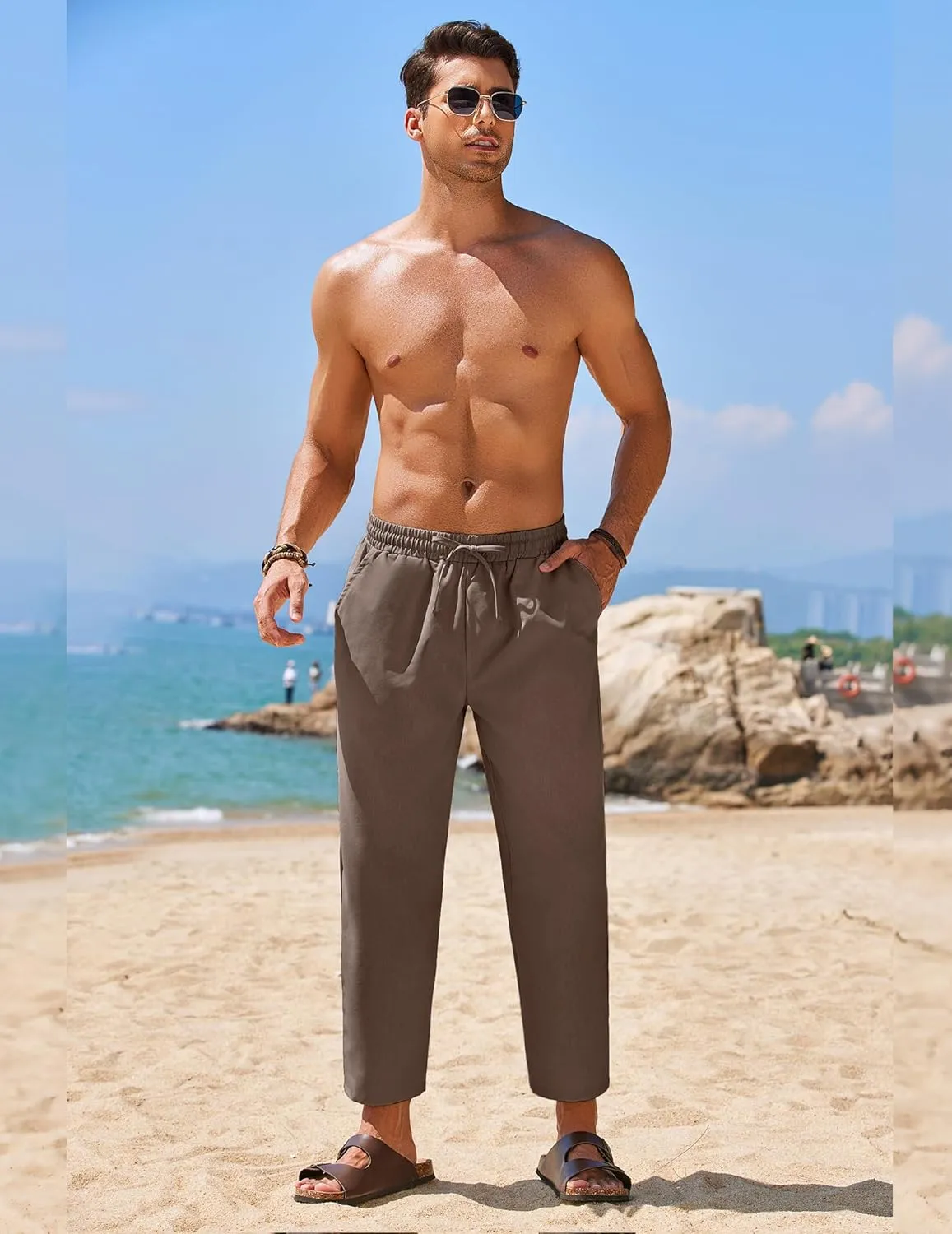 COOFANDY Mens Linen Casual Pants Elastic Waist Drawstring Trousers Yoga Beach Summer Pants