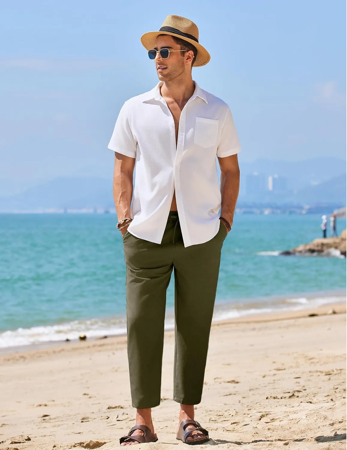 COOFANDY Mens Linen Casual Pants Elastic Waist Drawstring Trousers Yoga Beach Summer Pants