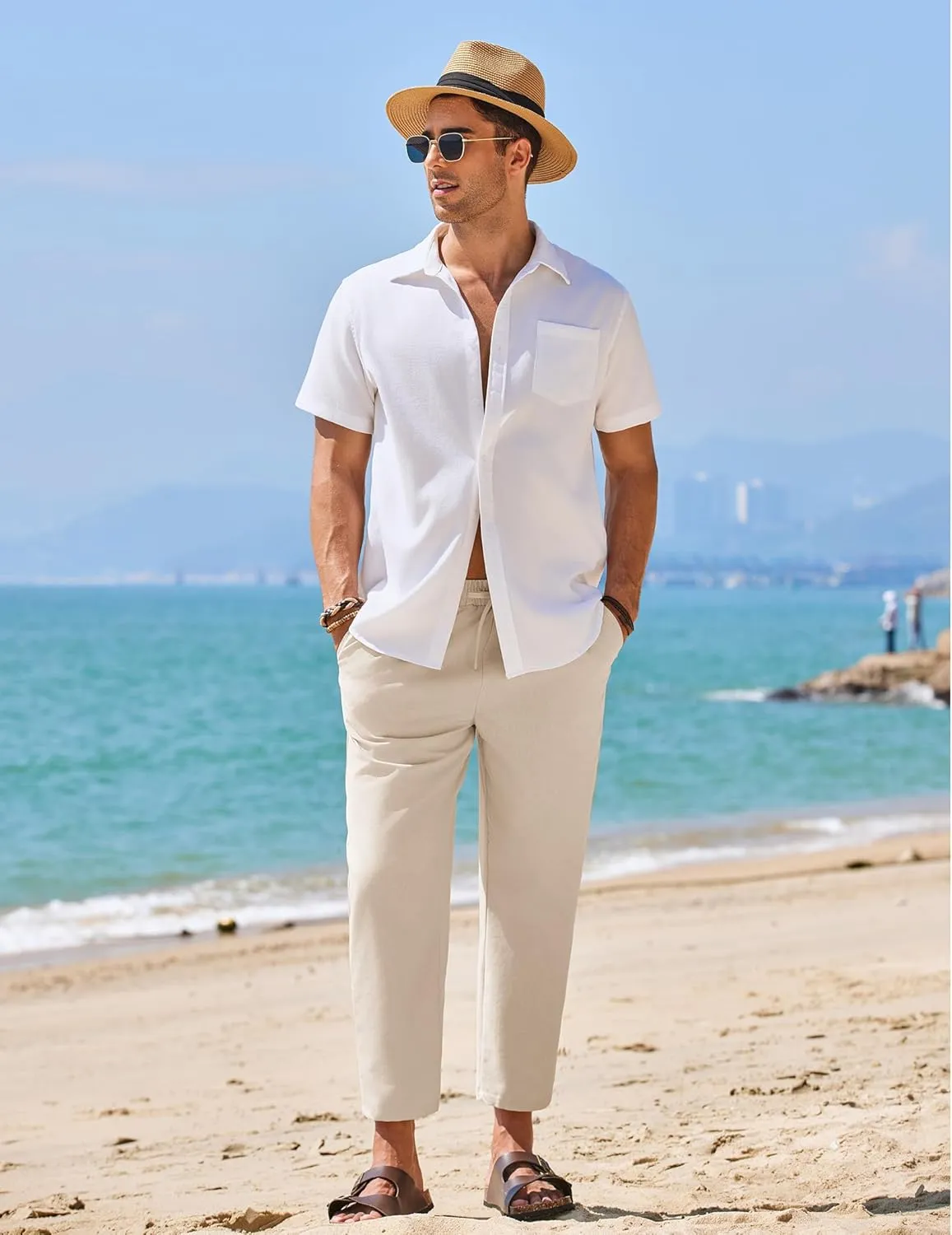 COOFANDY Mens Linen Casual Pants Elastic Waist Drawstring Trousers Yoga Beach Summer Pants