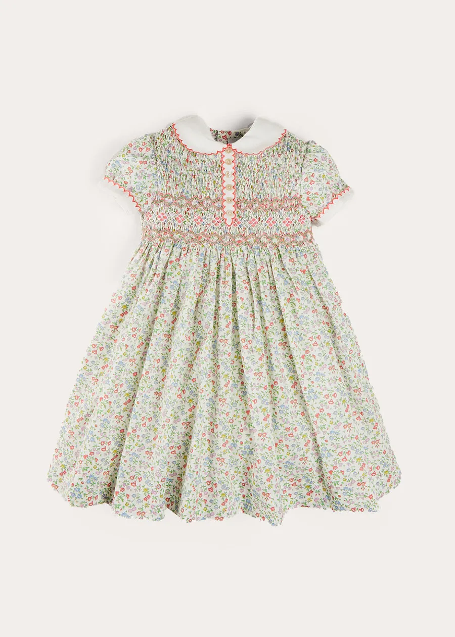 Cordelia Floral Hand-Smocked Short Sleeve Dress in Pink Made with Liberty Fabric (12m-6yrs)