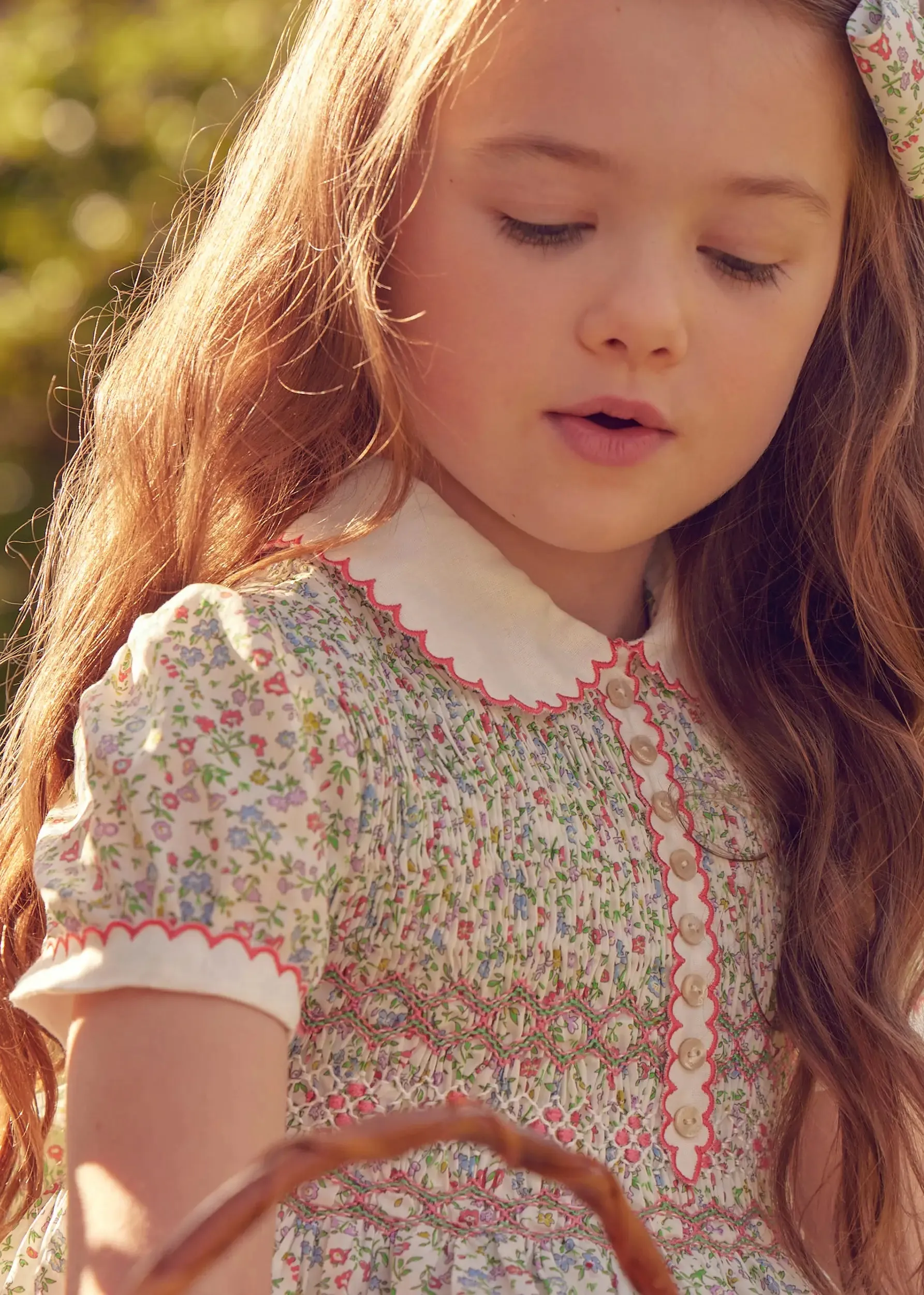 Cordelia Floral Hand-Smocked Short Sleeve Dress in Pink Made with Liberty Fabric (12m-6yrs)