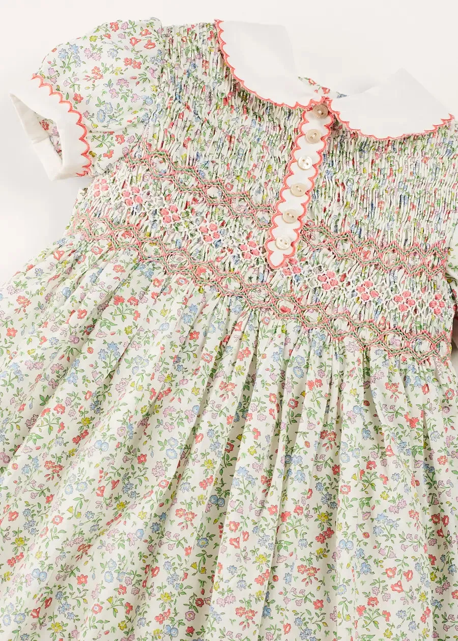 Cordelia Floral Hand-Smocked Short Sleeve Dress in Pink Made with Liberty Fabric (12m-6yrs)