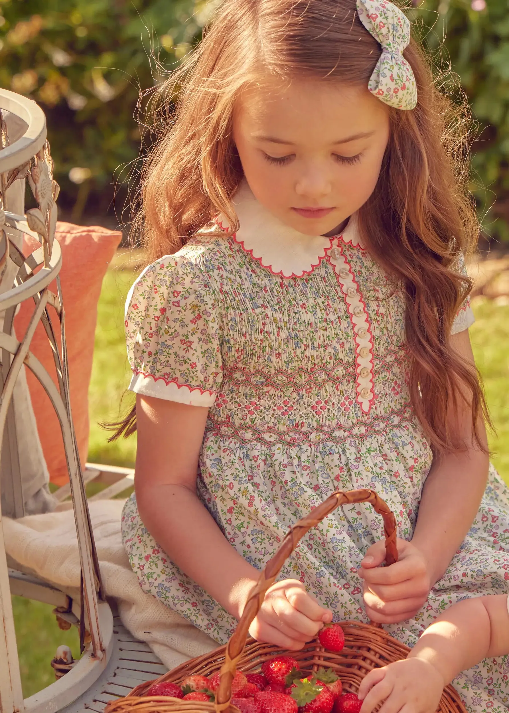 Cordelia Floral Hand-Smocked Short Sleeve Dress in Pink Made with Liberty Fabric (12m-6yrs)