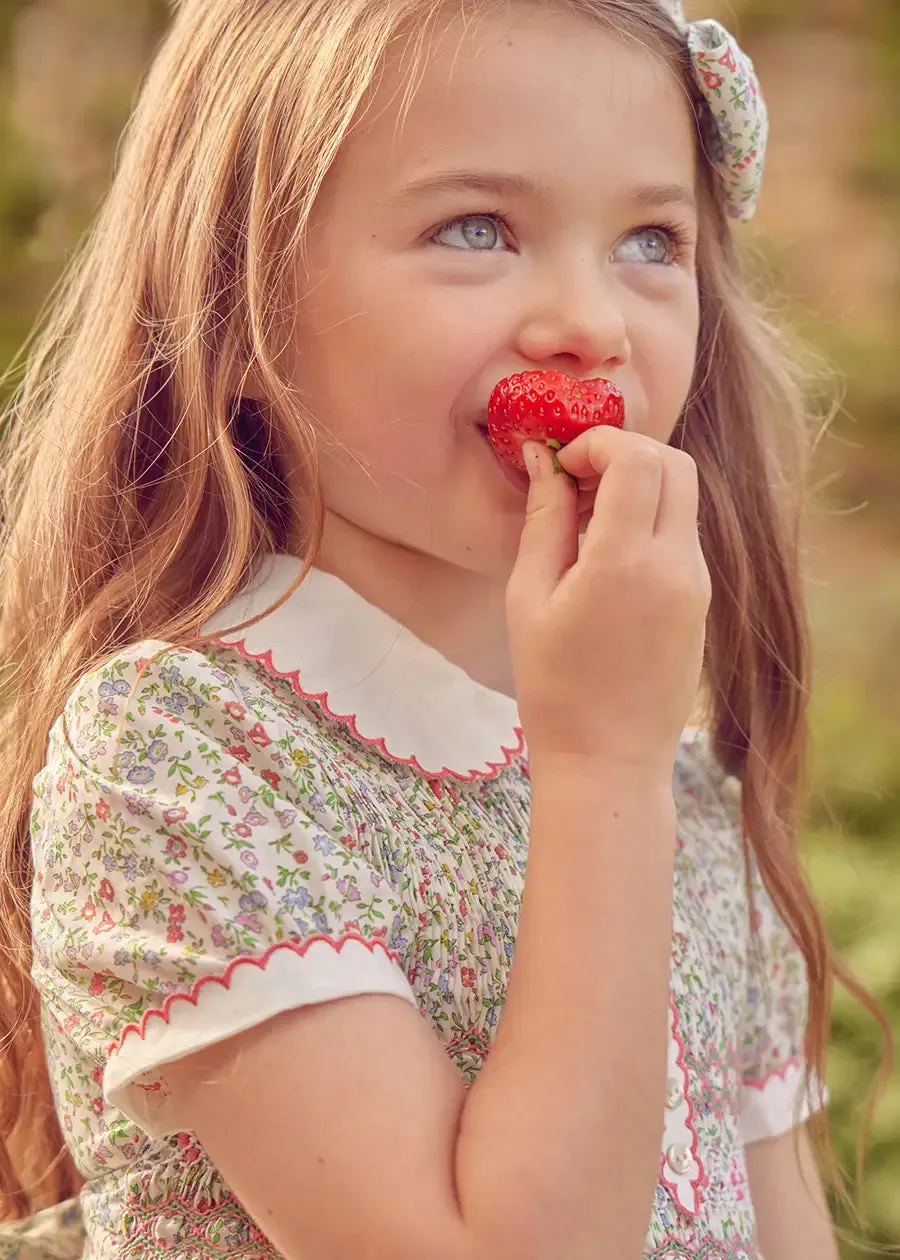 Cordelia Floral Hand-Smocked Short Sleeve Dress in Pink Made with Liberty Fabric (12m-6yrs)