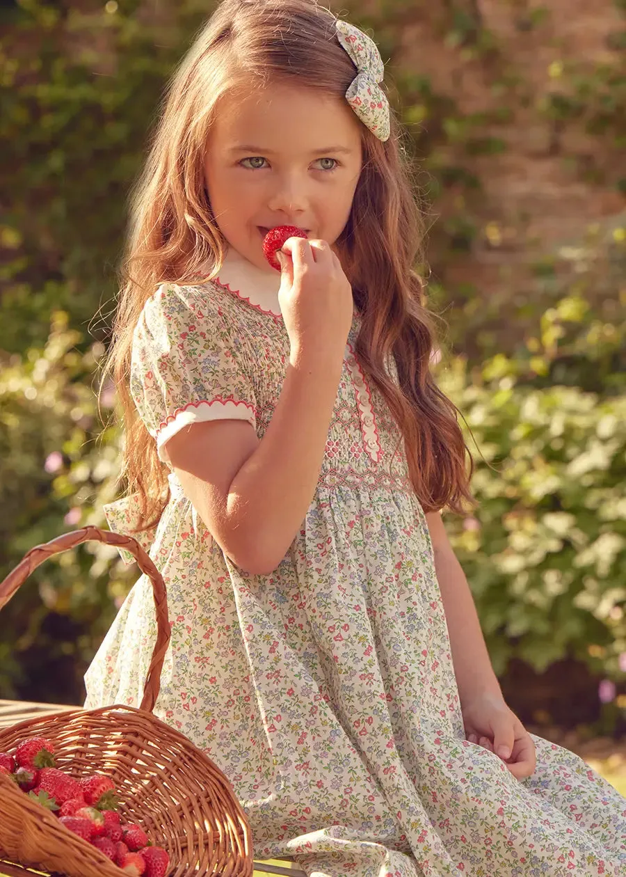Cordelia Floral Hand-Smocked Short Sleeve Dress in Pink Made with Liberty Fabric (12m-6yrs)