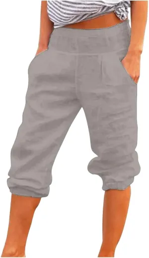 Cotton Linen Capri Pants for Women Lightweight Elastic Waist Baggy Tapered Capris Casual Summer Cropped Trousers 2025