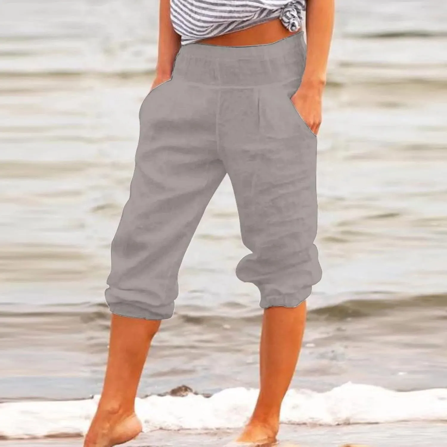 Cotton Linen Capri Pants for Women Lightweight Elastic Waist Baggy Tapered Capris Casual Summer Cropped Trousers 2025