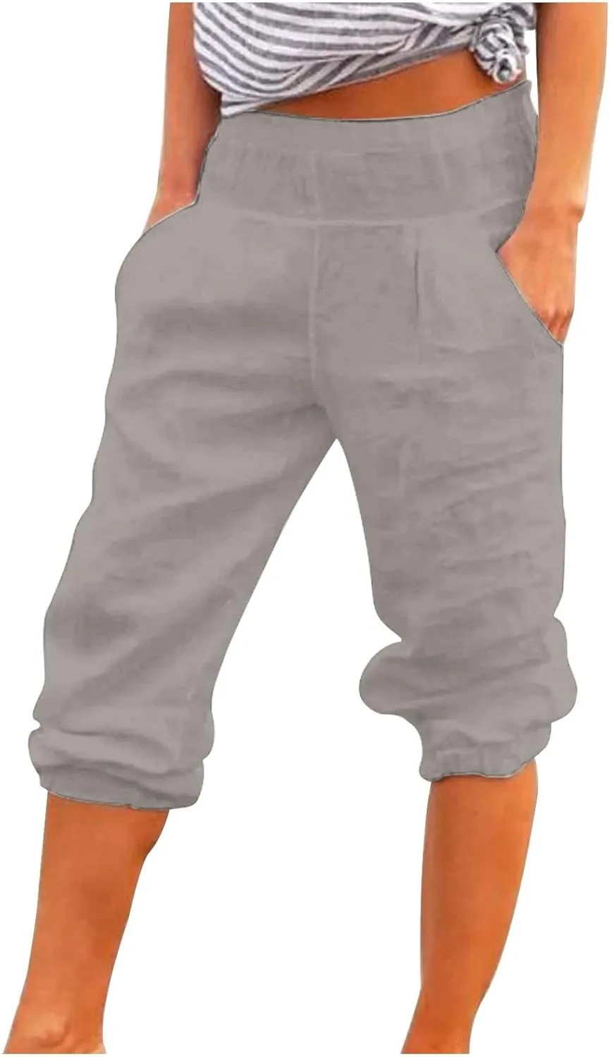 Cotton Linen Capri Pants for Women Lightweight Elastic Waist Baggy Tapered Capris Casual Summer Cropped Trousers 2025