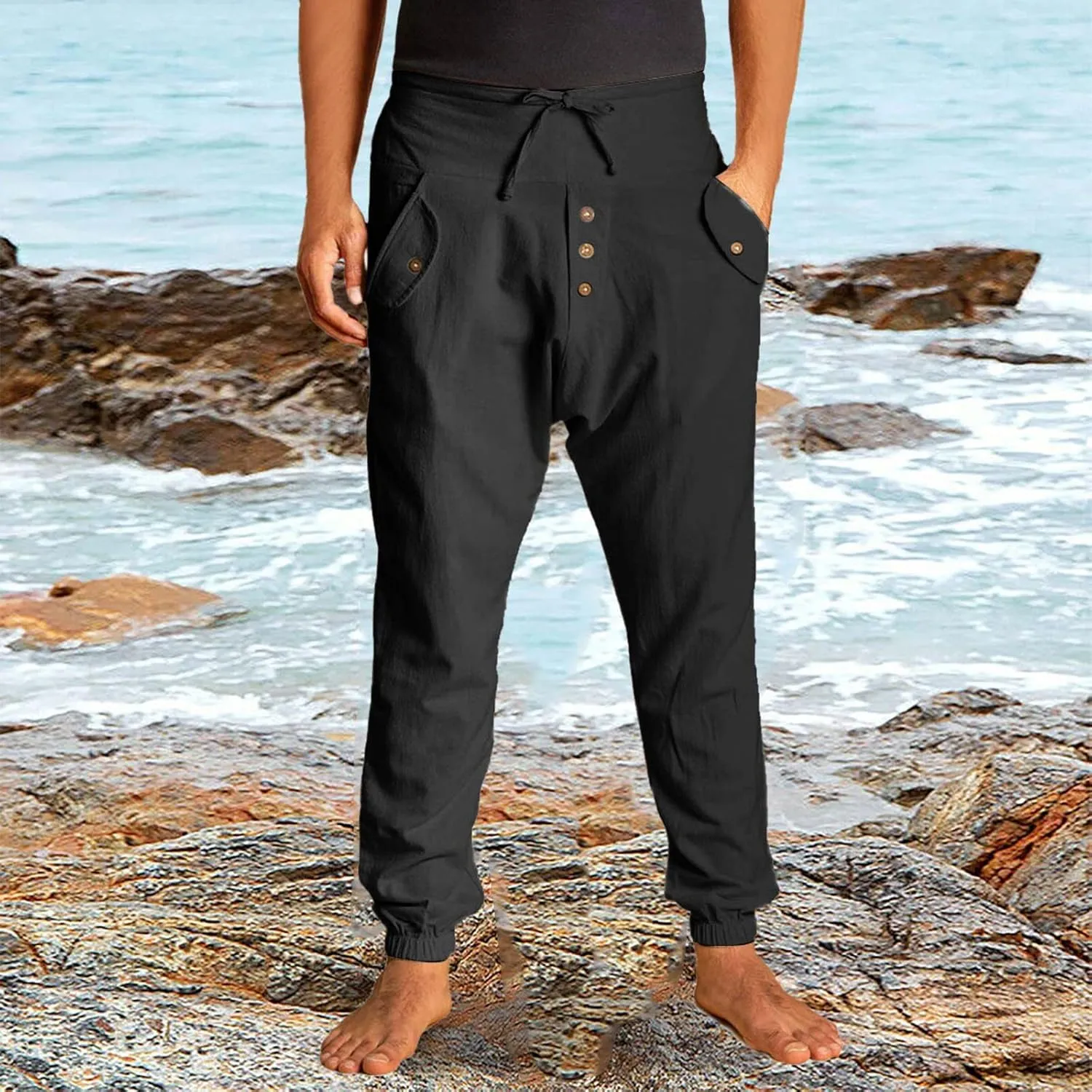 Cotton Linen Pants for Men High Rise Stretch Pants Loose Fit Simple Trousers Casual Trousers with Button Decoration