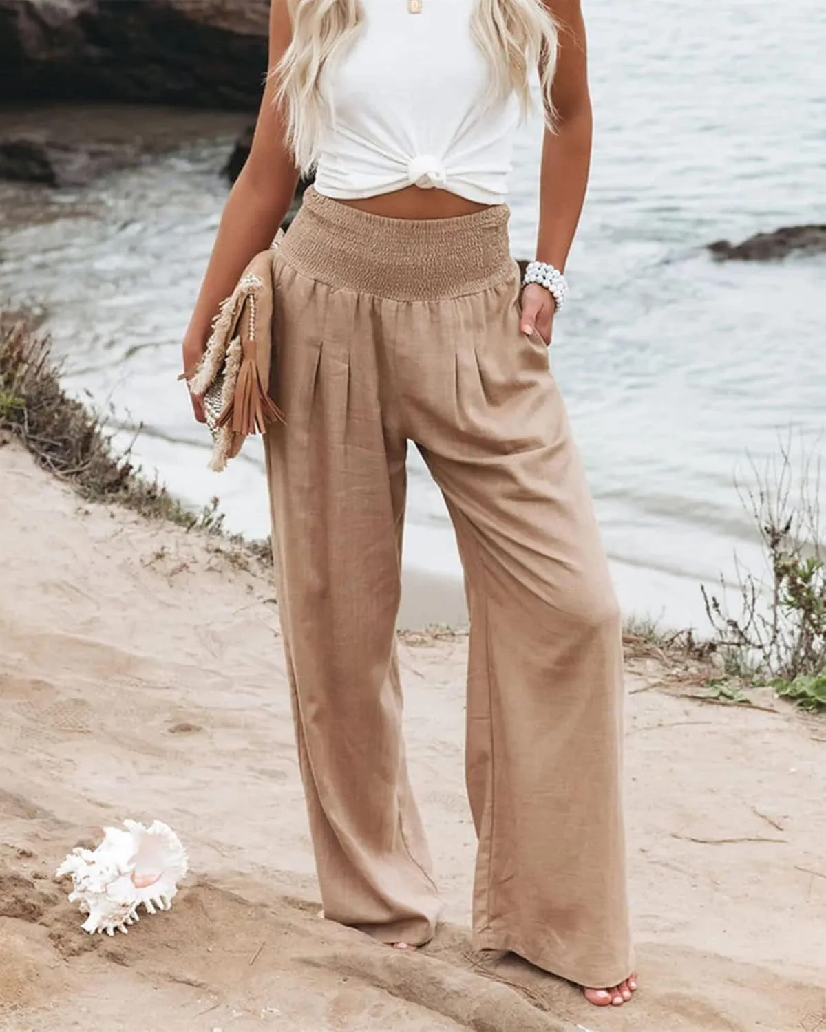 Cotton Linen Pants for Women Casual Straight Trousers Wide Leg Tottoms Elastic Waist High Waist Pant with Pockets