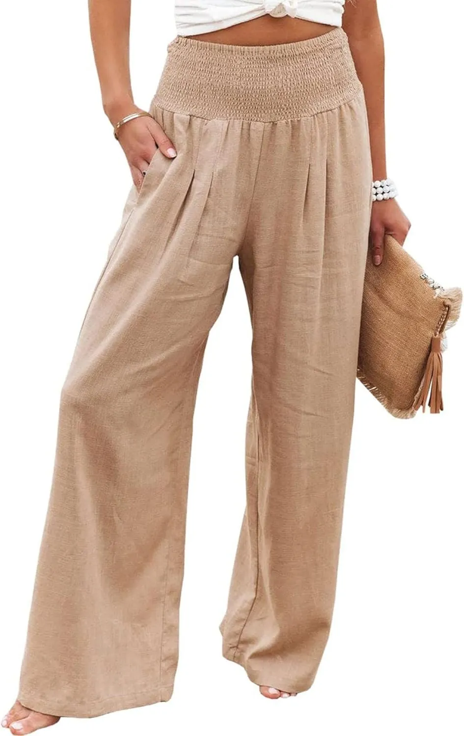 Cotton Linen Pants for Women Casual Straight Trousers Wide Leg Tottoms Elastic Waist High Waist Pant with Pockets