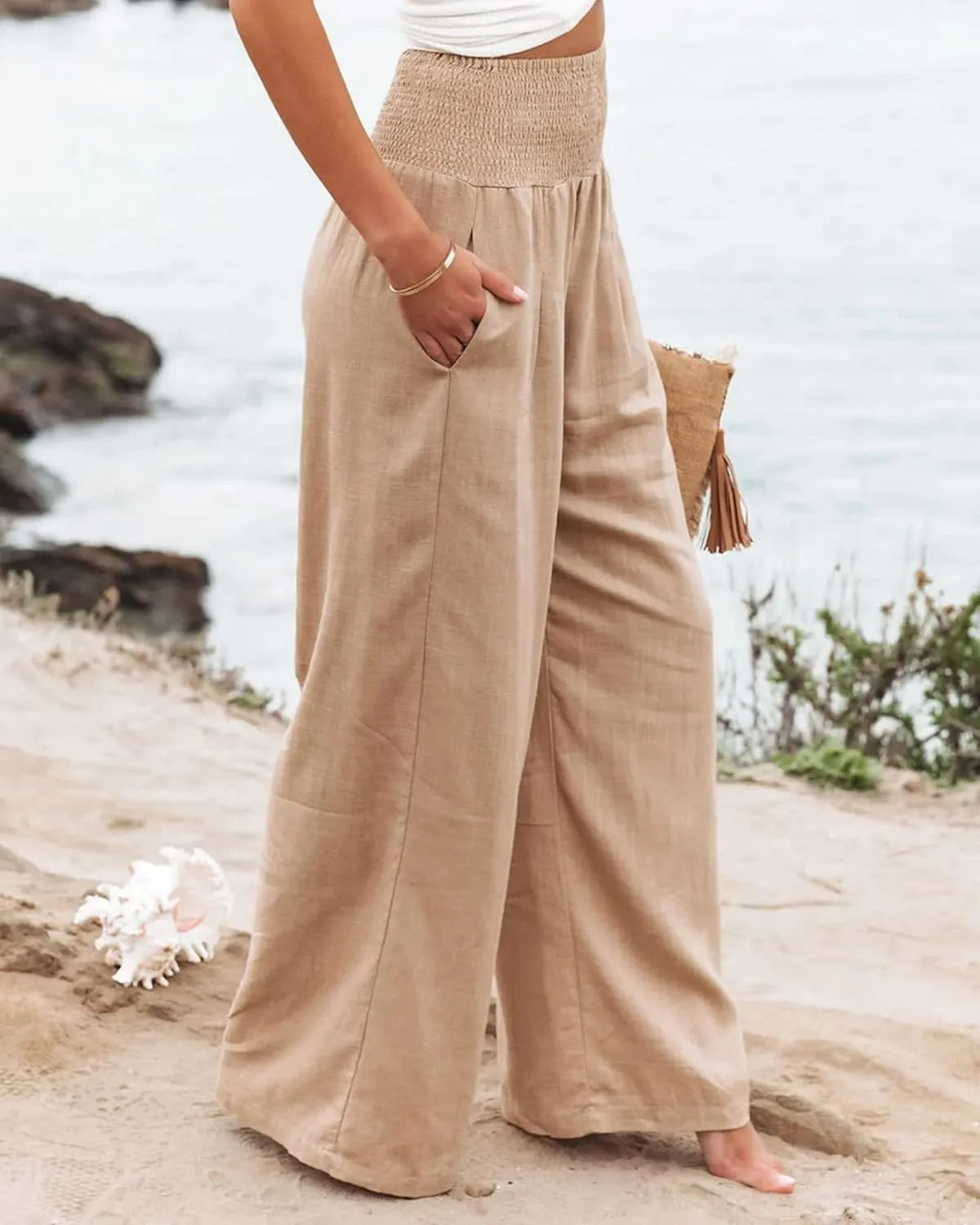 Cotton Linen Pants for Women Casual Straight Trousers Wide Leg Tottoms Elastic Waist High Waist Pant with Pockets