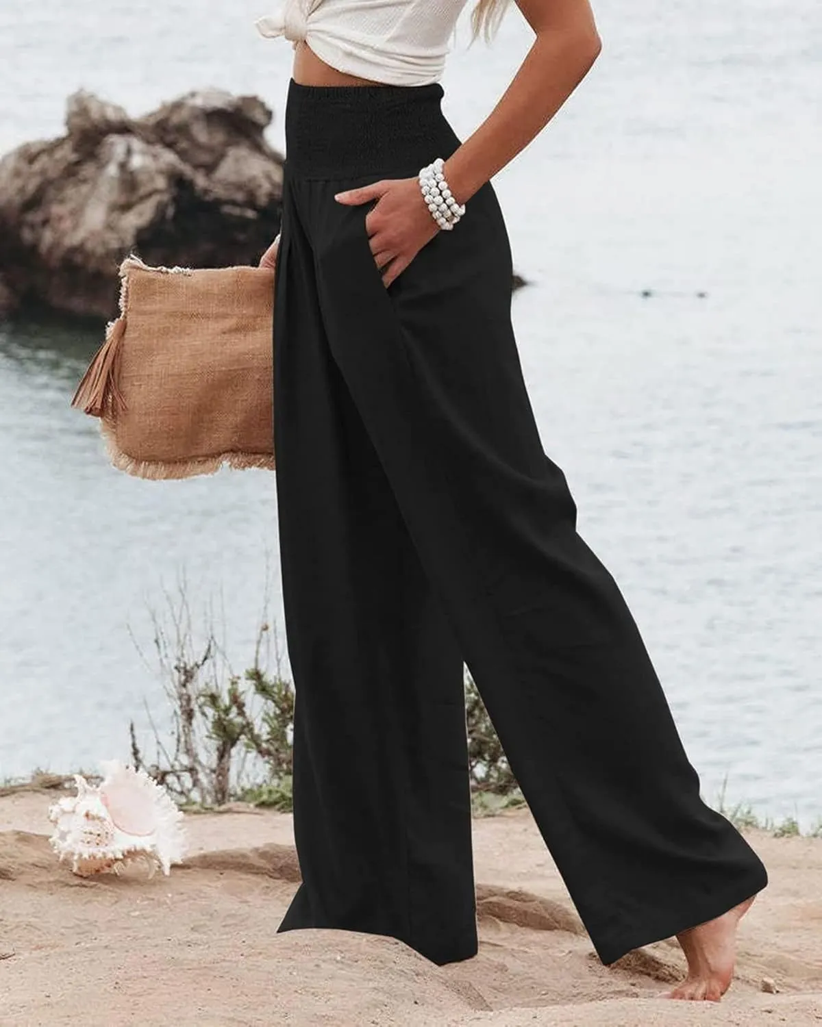 Cotton Linen Pants for Women Casual Straight Trousers Wide Leg Tottoms Elastic Waist High Waist Pant with Pockets