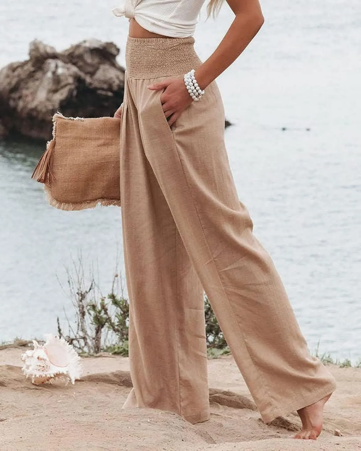 Cotton Linen Pants for Women Casual Straight Trousers Wide Leg Tottoms Elastic Waist High Waist Pant with Pockets