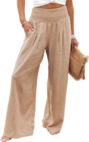 Cotton Linen Pants for Women Casual Straight Trousers Wide Leg Tottoms Elastic Waist High Waist Pant with Pockets