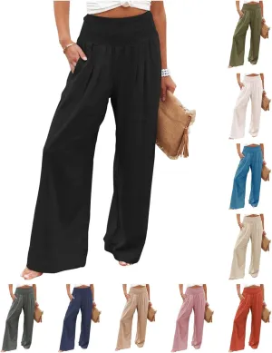 Cotton Linen Pants for Women Casual Straight Trousers Wide Leg Tottoms Elastic Waist High Waist Pant with Pockets