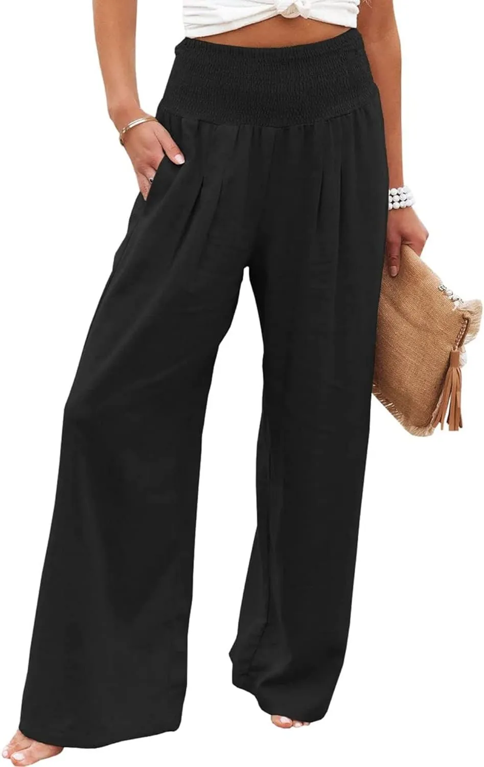 Cotton Linen Pants for Women Casual Straight Trousers Wide Leg Tottoms Elastic Waist High Waist Pant with Pockets