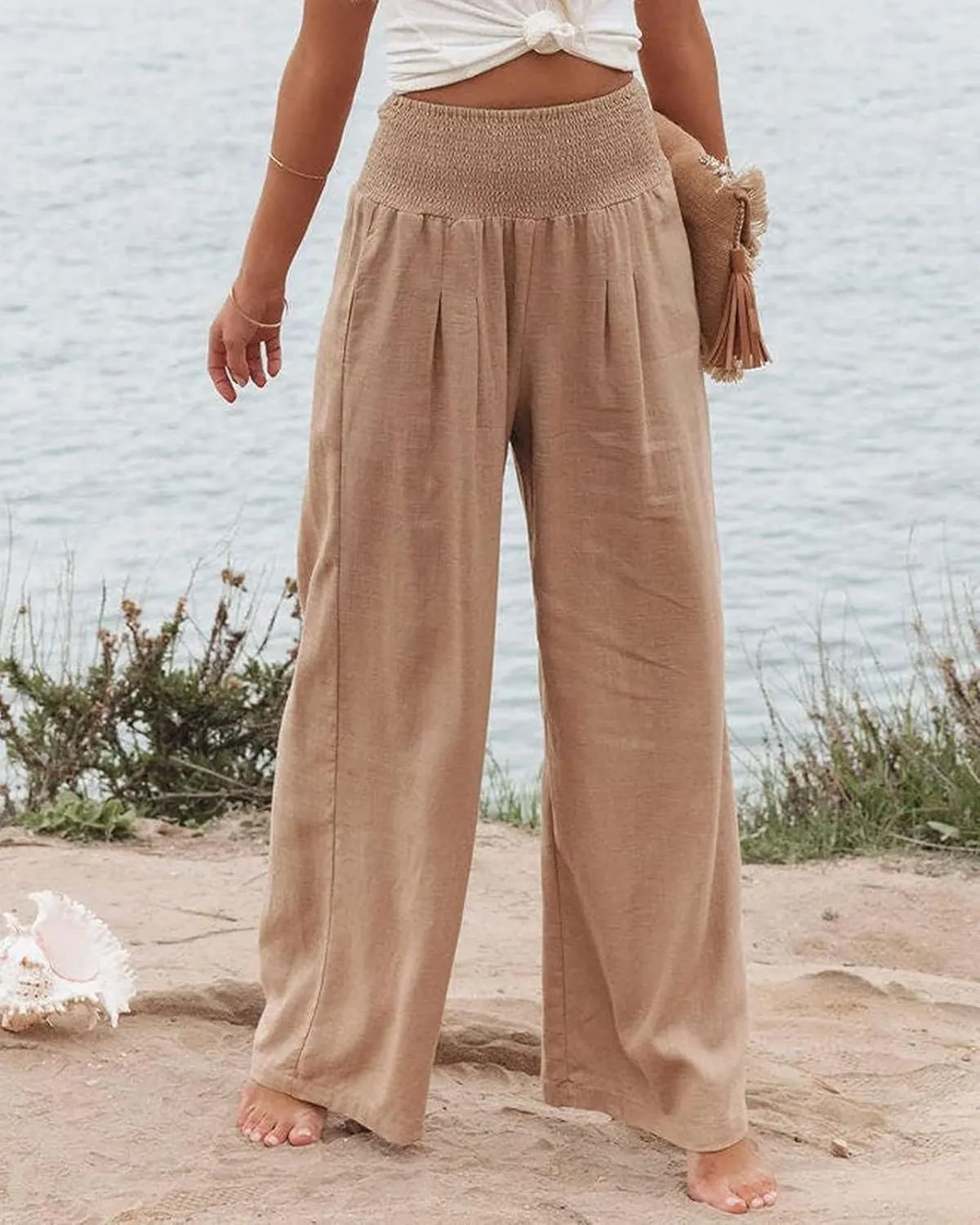 Cotton Linen Pants for Women Casual Straight Trousers Wide Leg Tottoms Elastic Waist High Waist Pant with Pockets