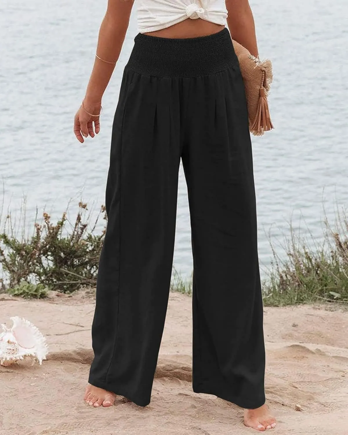 Cotton Linen Pants for Women Casual Straight Trousers Wide Leg Tottoms Elastic Waist High Waist Pant with Pockets