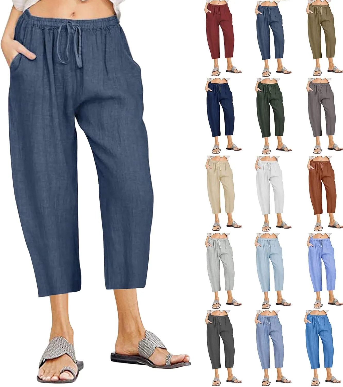 Cotton Linen Pants for Women High Waisted Wide Leg Capris Summer Casual Elastic Drawstring Cropped Trouseres 2025